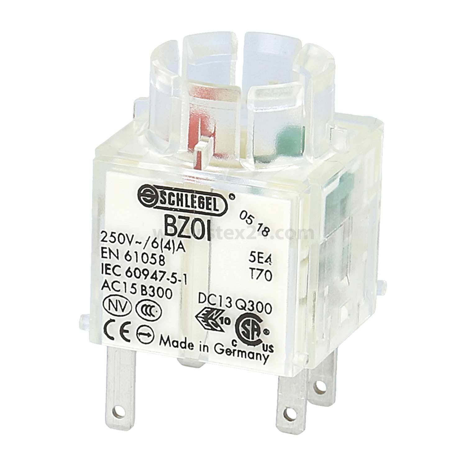 Ein Schlegel BZ01 Elektrorelais mit transparentem Gehäuse, das die Innenkomponenten zeigt; ausgelegt für 250V, 6(4)A, Hergestellt in Deutschland.