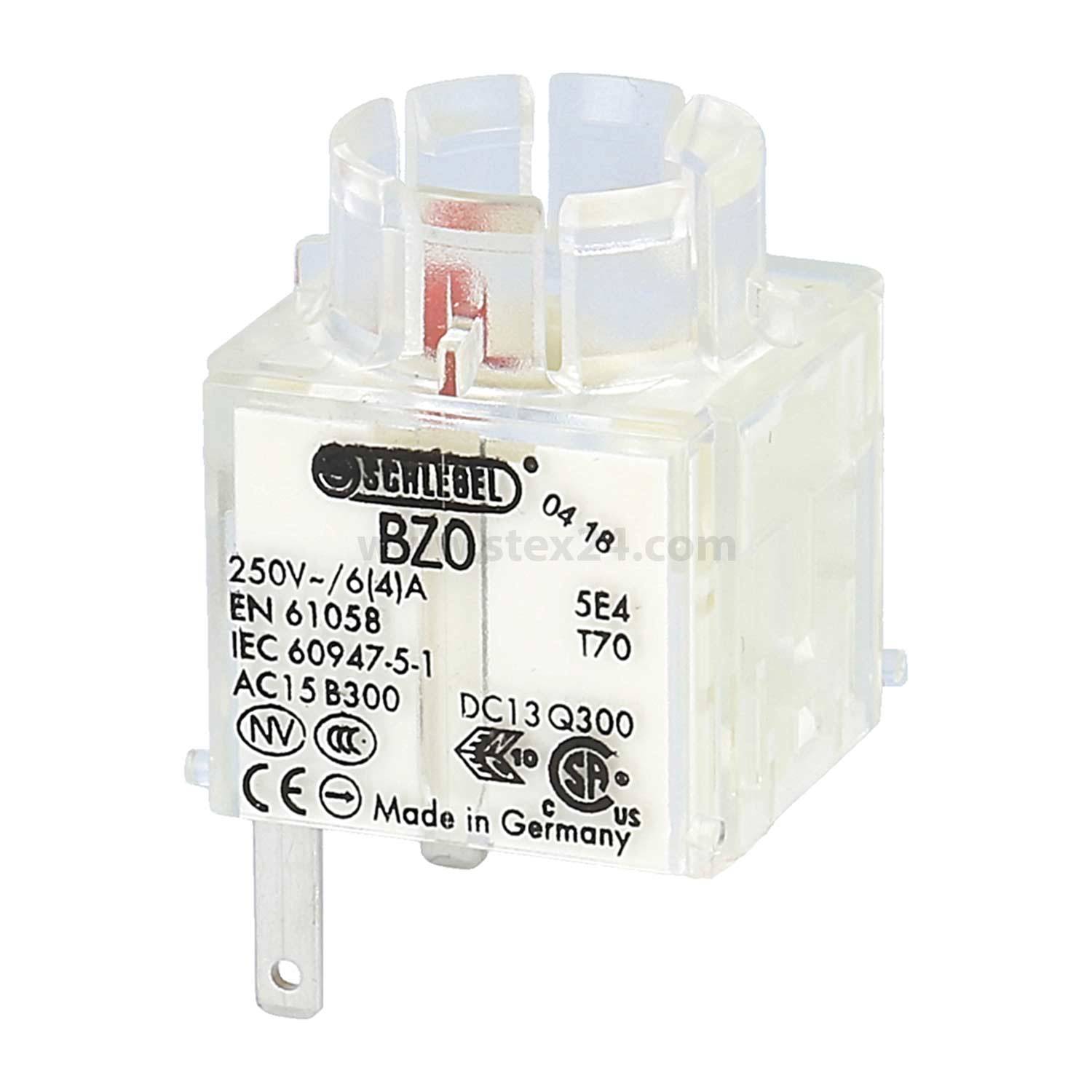 Eine durchsichtige Plastik-Relaiskomponente mit der Bezeichnung 'Steinel BZ0', mit folgenden Spezifikationen: 250V, 6(4)A, und den Normen EN 61058, IEC 60947-5-1. Hergestellt in Deutschland.