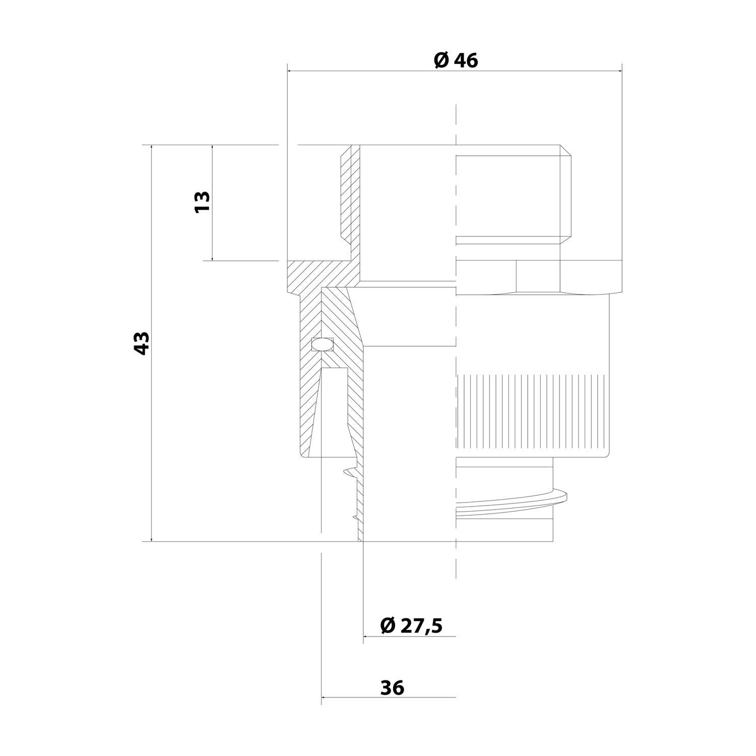 Technische Zeichnung einer mechanischen Komponente mit detaillierten Abmessungen: 46 Durchmesser, 43 Höhe und 27,5 Basisdurchmesser, mit Schnittansicht.