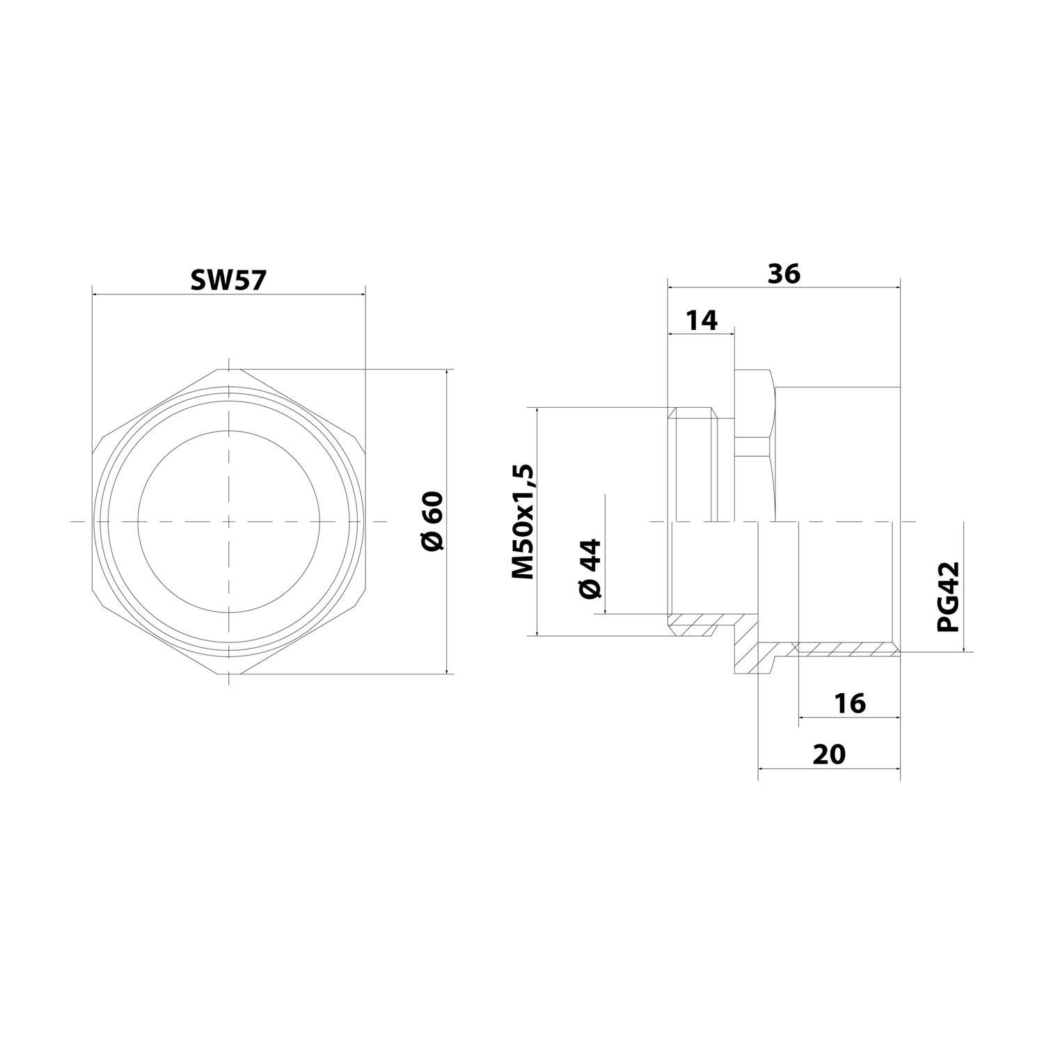 Technische Zeichnung eines Gewindestöpsels mit Seiten- und Frontansicht mit Abmessungen: Durchmesser 60mm, Gewindegröße M50x1,5, Tiefe 36mm.