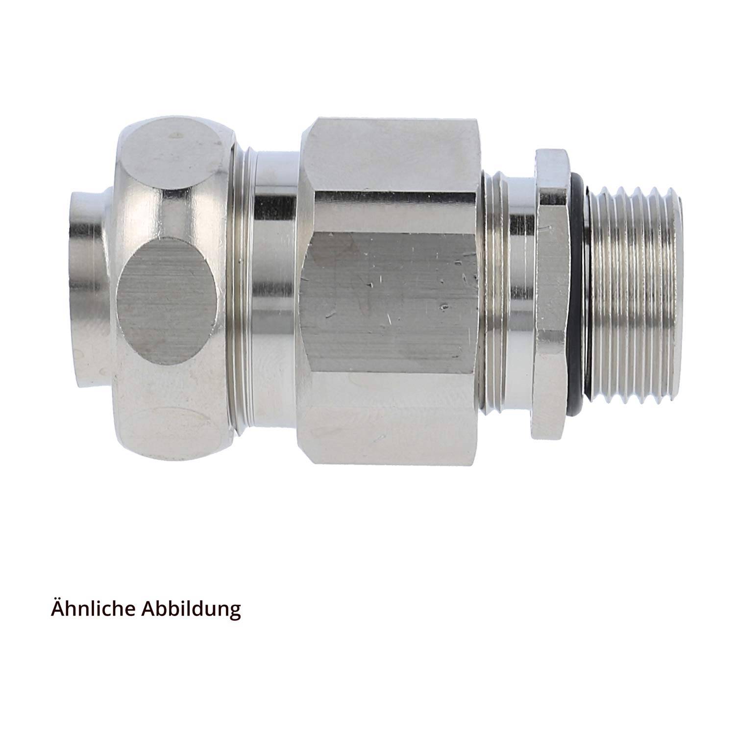 Ein Metallverbinder mit sechseckigen und zylindrischen Abschnitten, der ein gewindetes Ende aufweist und wahrscheinlich für Sanitär- oder industrielle Anwendungen verwendet wird.