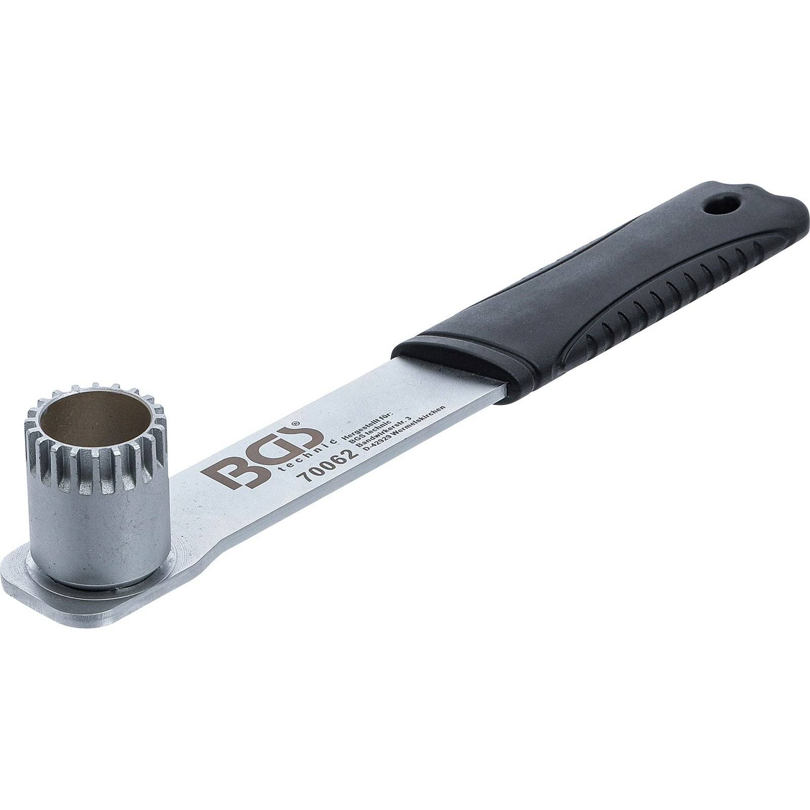 Ein Werkzeug aus Metall und Kunststoff mit einem gezahnten runden Kopf und Griff, beschriftet mit 'BCI 78002'. Verwendet für präzise mechanische Anwendungen.