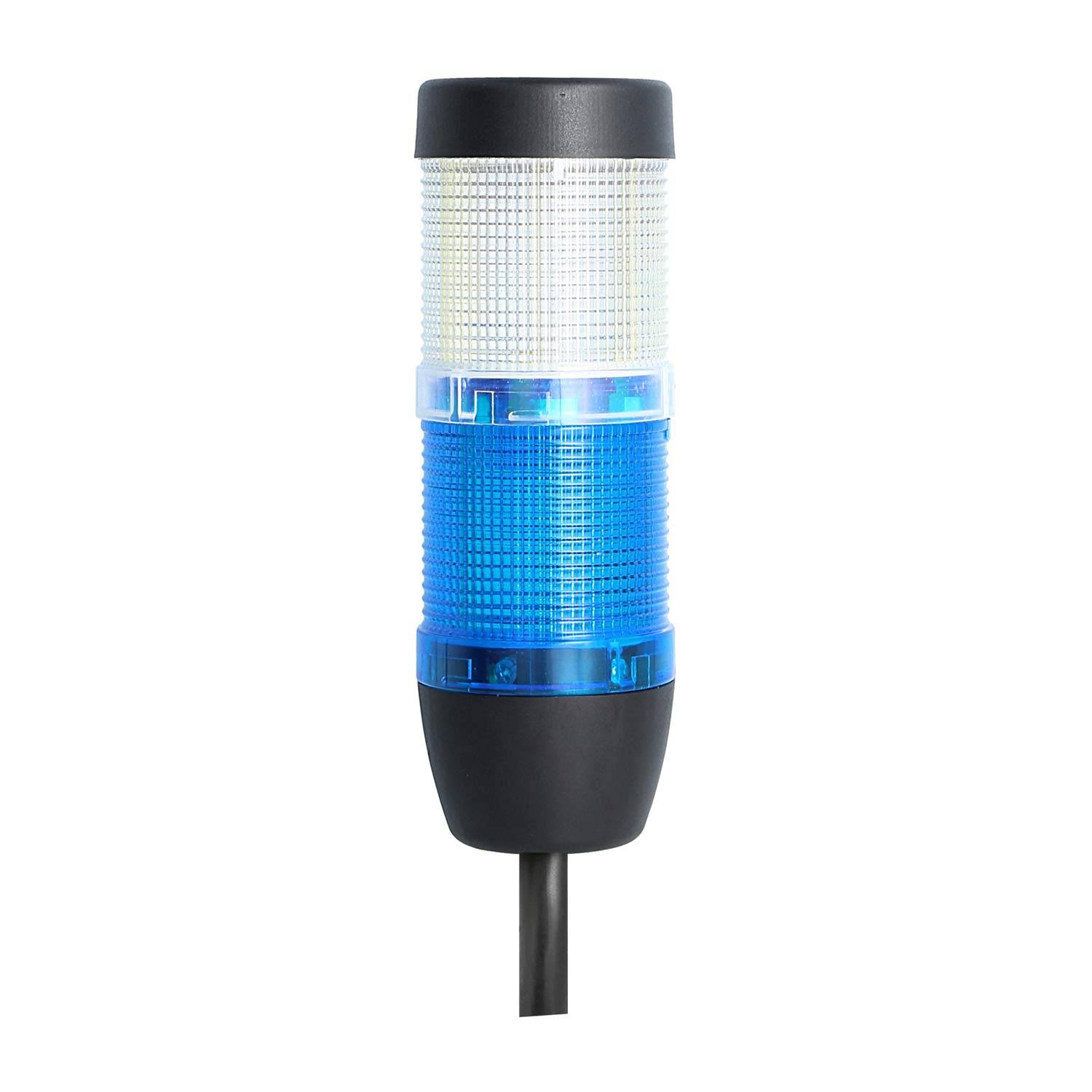 Eine blaue und weiße LED-Signalsäulenleuchte, die häufig in industriellen Umgebungen verwendet wird, um Maschinenstatus oder Warnungen anzuzeigen.