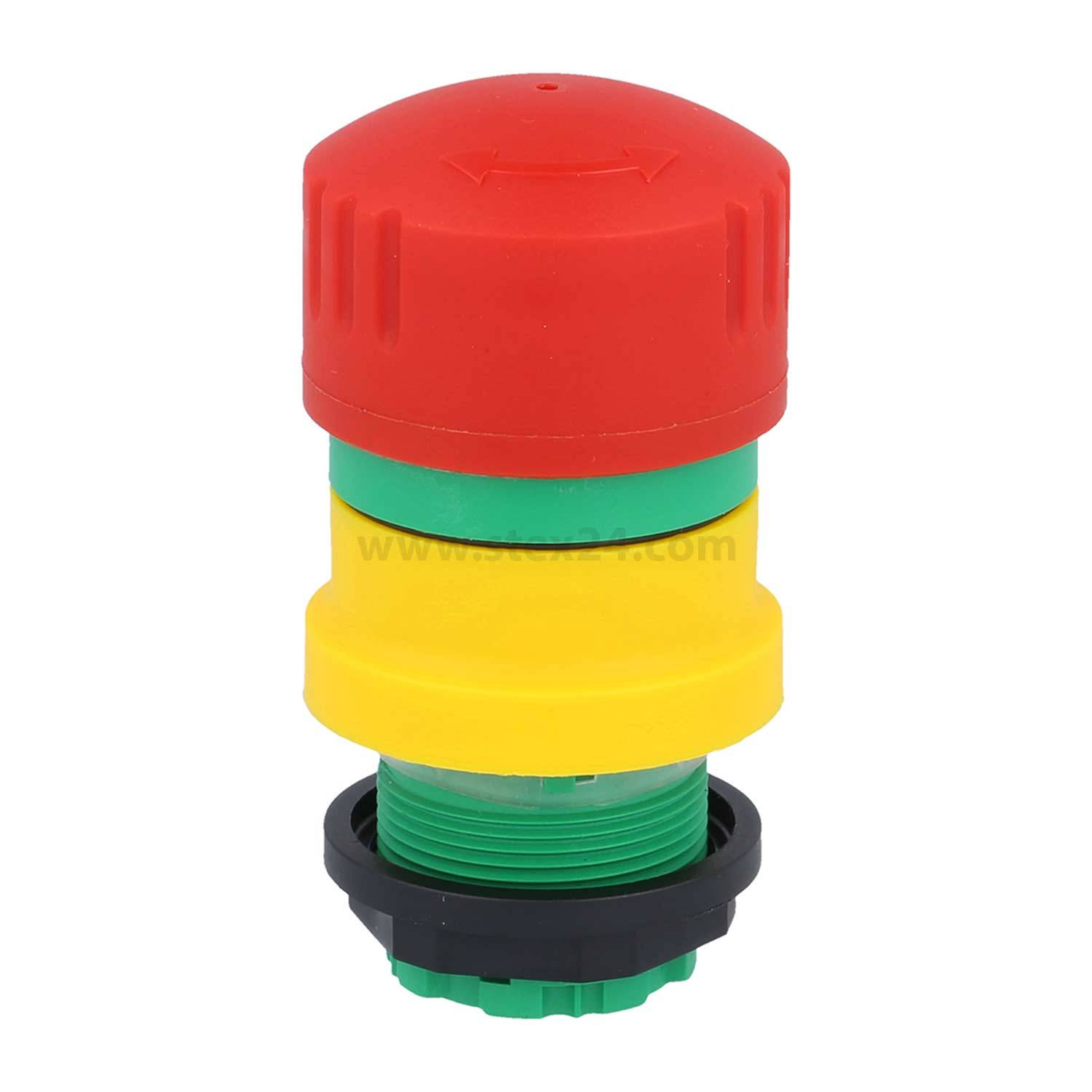 Ein roter, grüner und gelber Notaus-Druckschalter mit schwarzer Basis, der für industrielle Sicherheitsanwendungen verwendet wird.