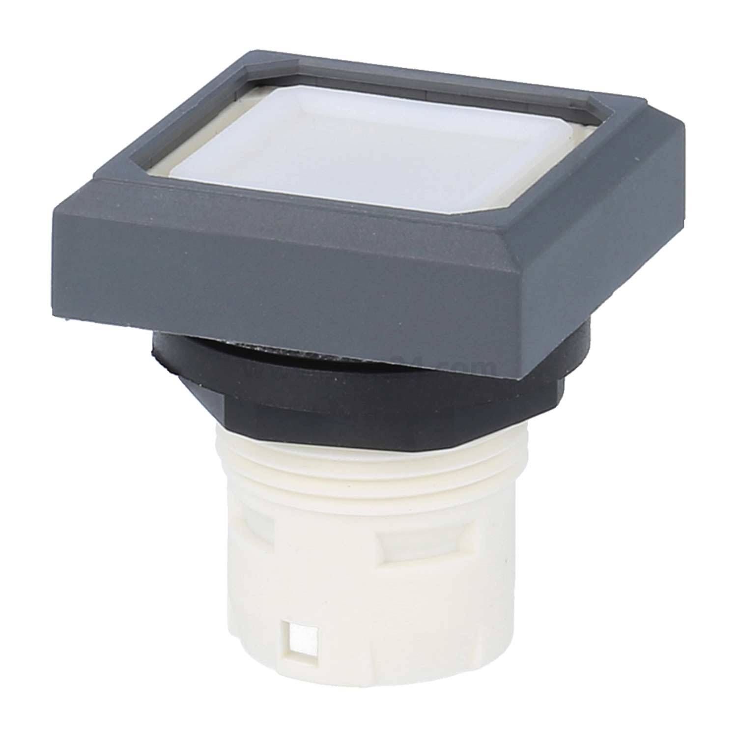 Quadratischer Drucktastenschalter mit einem weißen Betätigungselement und schwarzem Rand, eingesetzt in einer weißen Grundplatte, der häufig in elektronischen Steuerungspanels verwendet wird.