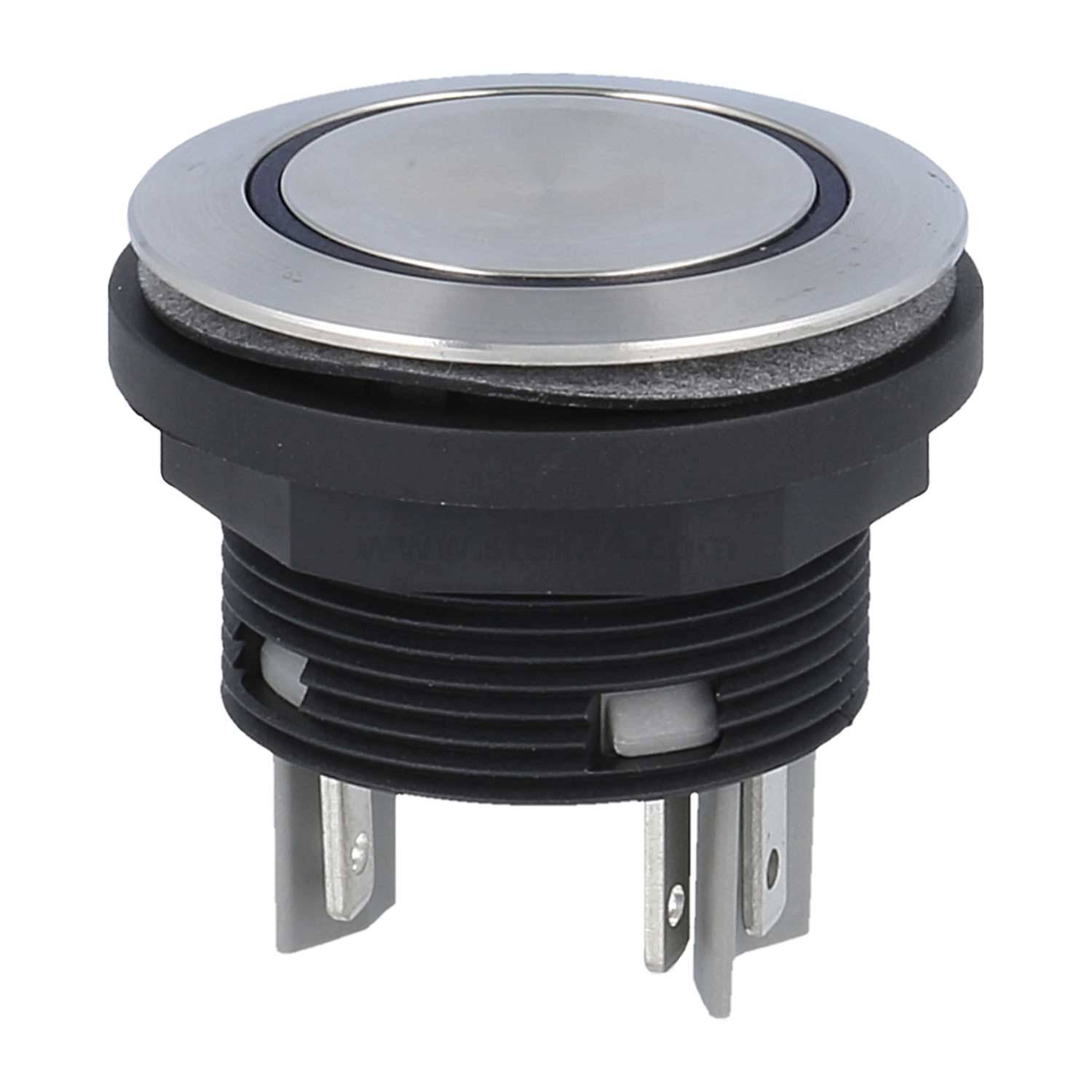 Ein runder, metallischer Drucktaster mit schwarzer Basis und drei Metallstiften zur Verbindung.