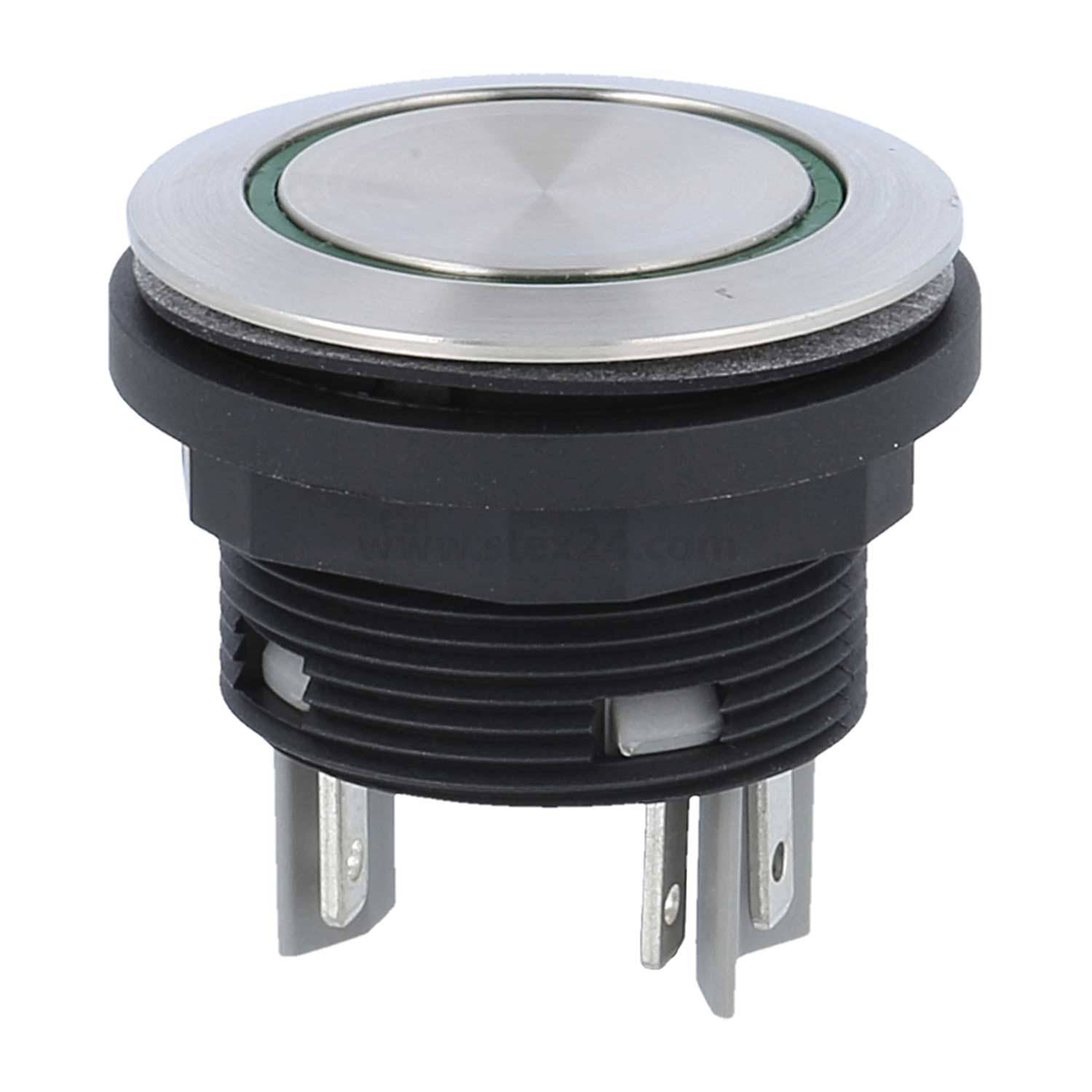Runder, metallischer Druckknopfschalter mit schwarzer Basis und Metallkontakten, der üblicherweise in Maschinen oder elektronischen Geräten verwendet wird.