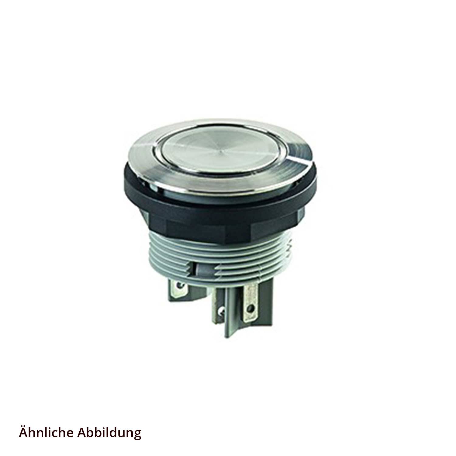 Ein Metalldrucktastenschalter in Schwarz, zylindrisch geformt, mit Anschlussklemmen an der Basis, geeignet für elektronische Bedienfelder.