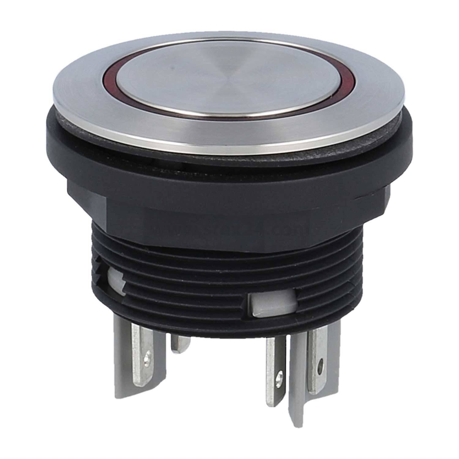 Ein Metalldrucktaster mit einer kreisförmigen Gestaltung, der einen silbernen Deckel und einen schwarzen Sockel mit mehreren Anschlüssen an der Unterseite aufweist.