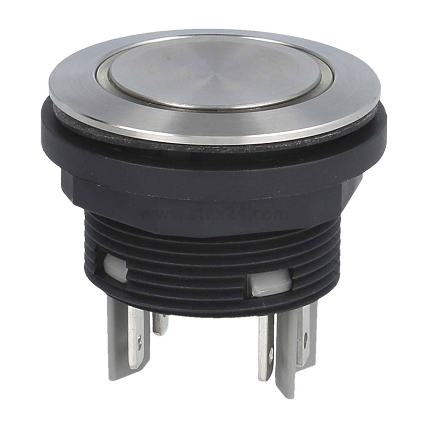 Ein runder, metallischer Drucktaster mit schwarzem Gehäuse und vier Metallanschlüssen für elektronische Verbindungen, von der Seite betrachtet.