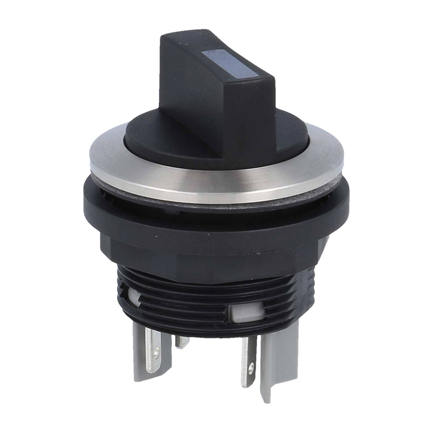 Ein schwarzer und silberner Drehschalter mit mehreren Metallzacken an der Basis, entwickelt für elektrische Verbindungen, in einer neutralen Stellung dargestellt.