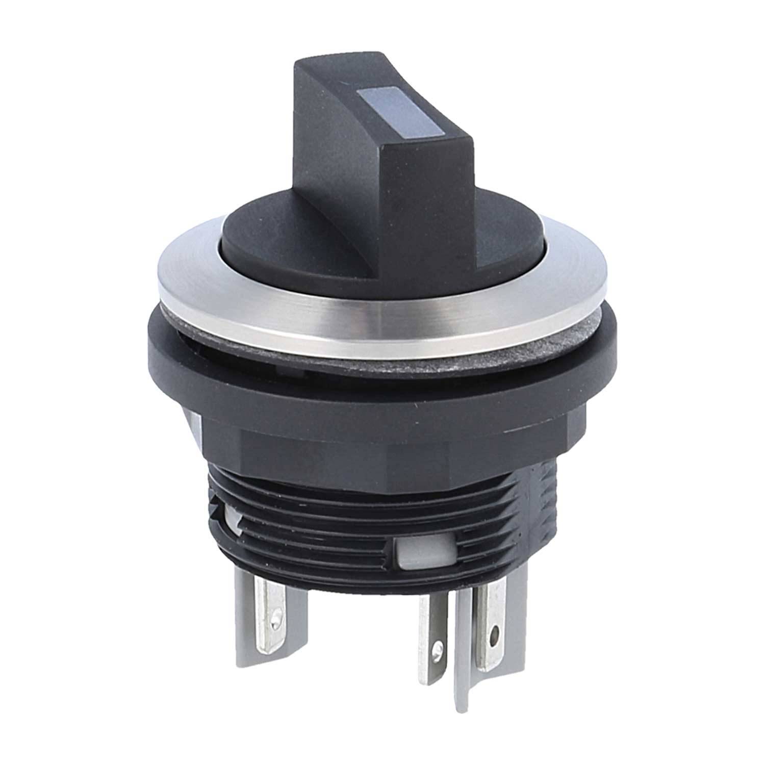 Schwarzer Drehschalter mit drei Stiften, ausgestattet mit einem silbernen Ring, in einer Dreiviertelansicht angewinkelt.