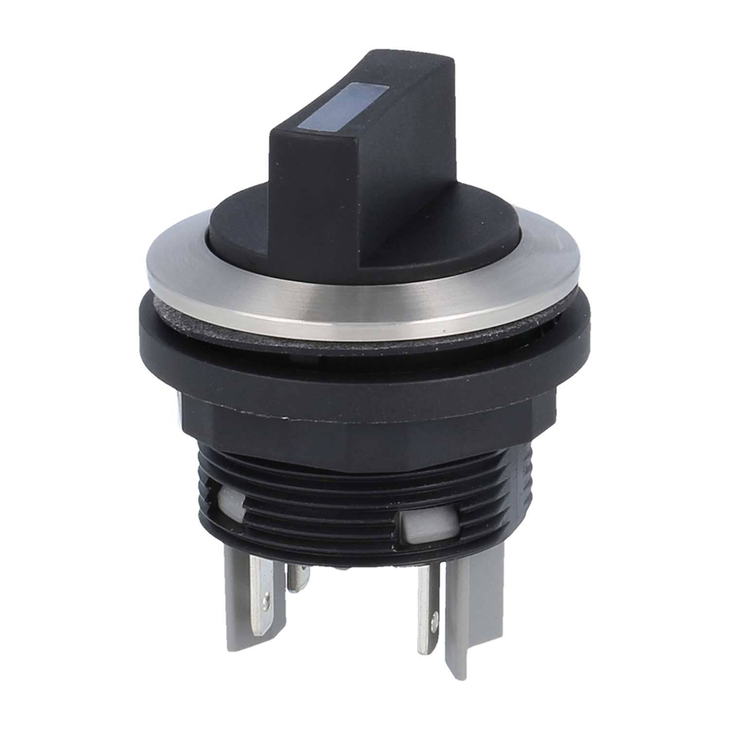 Ein schwarzer Drehschalter mit einem silbernen Ring und drei Metallzacken darunter, der zur Steuerung elektrischer Schaltkreise verwendet wird.