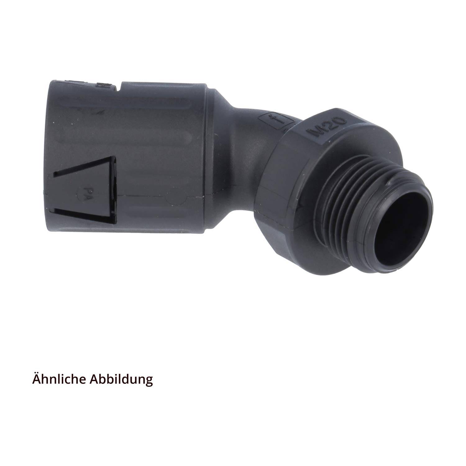 Schwarze zylindrische Komponente, vermutlich ein Stecker oder Adapter, mit Rillen und Gewinde; ähnliches Aussehen wie beschrieben.