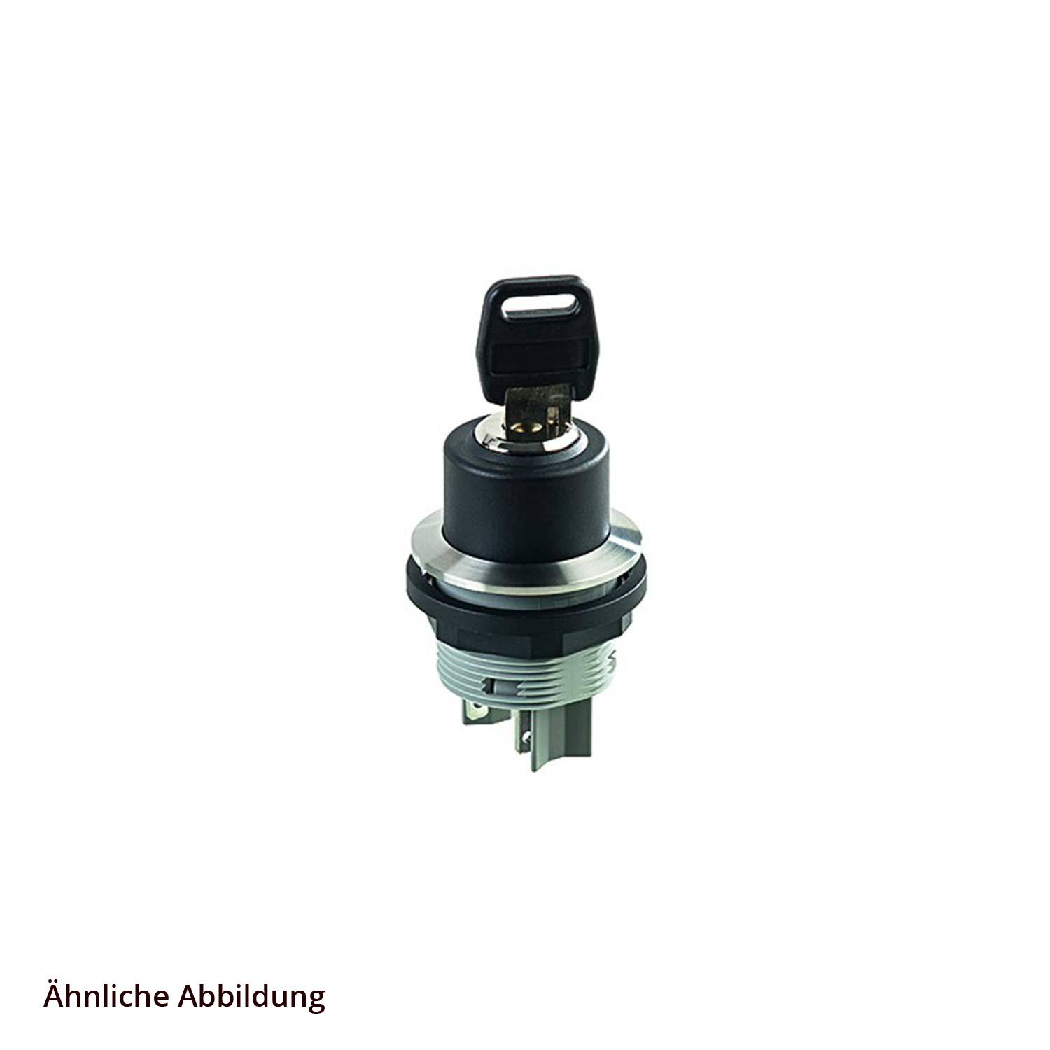 Ein Metallzündschalter mit einem schwarzen Schlüssel, der zum Betrieb von Maschinen oder Fahrzeugen verwendet wird.