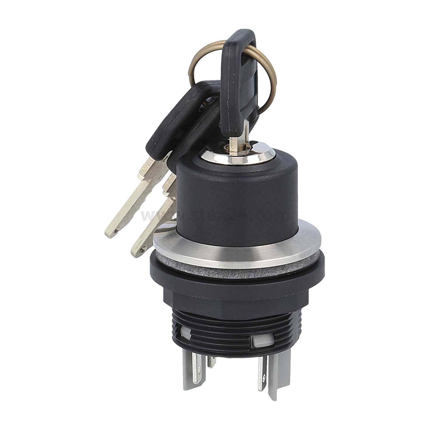 Ein zylindrischer Zündschalter mit drei Metallschlüsseln, die eingesetzt sind, mit einem gerundeten Gewinde am Boden und Metallkontakten, der für elektrische Schalttafeln verwendet wird.