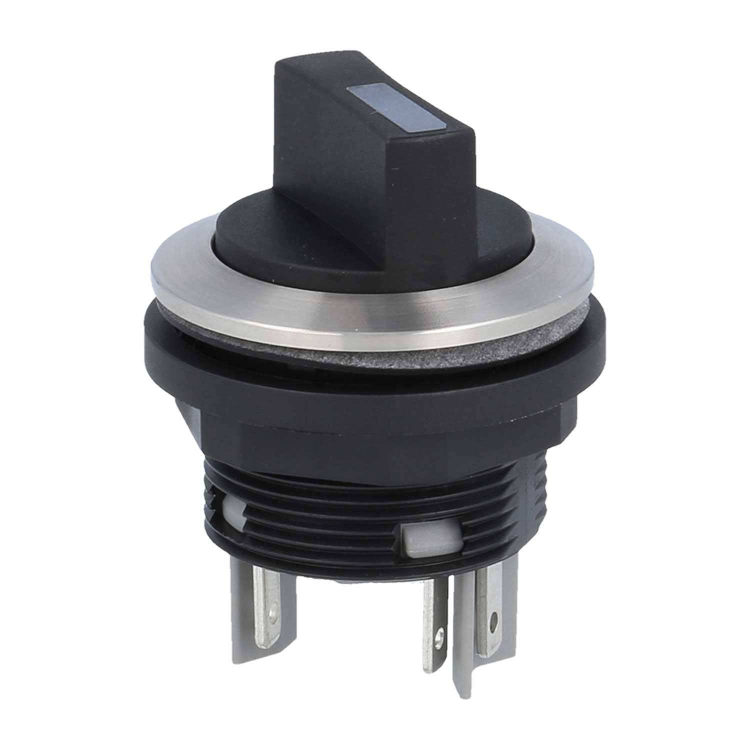 Ein schwarzer Drehschalter mit einem silbernen Ring und zwei Metallzacken am Boden, konzipiert für die Montage in Bedienfeldern oder Steuerungssystemen.