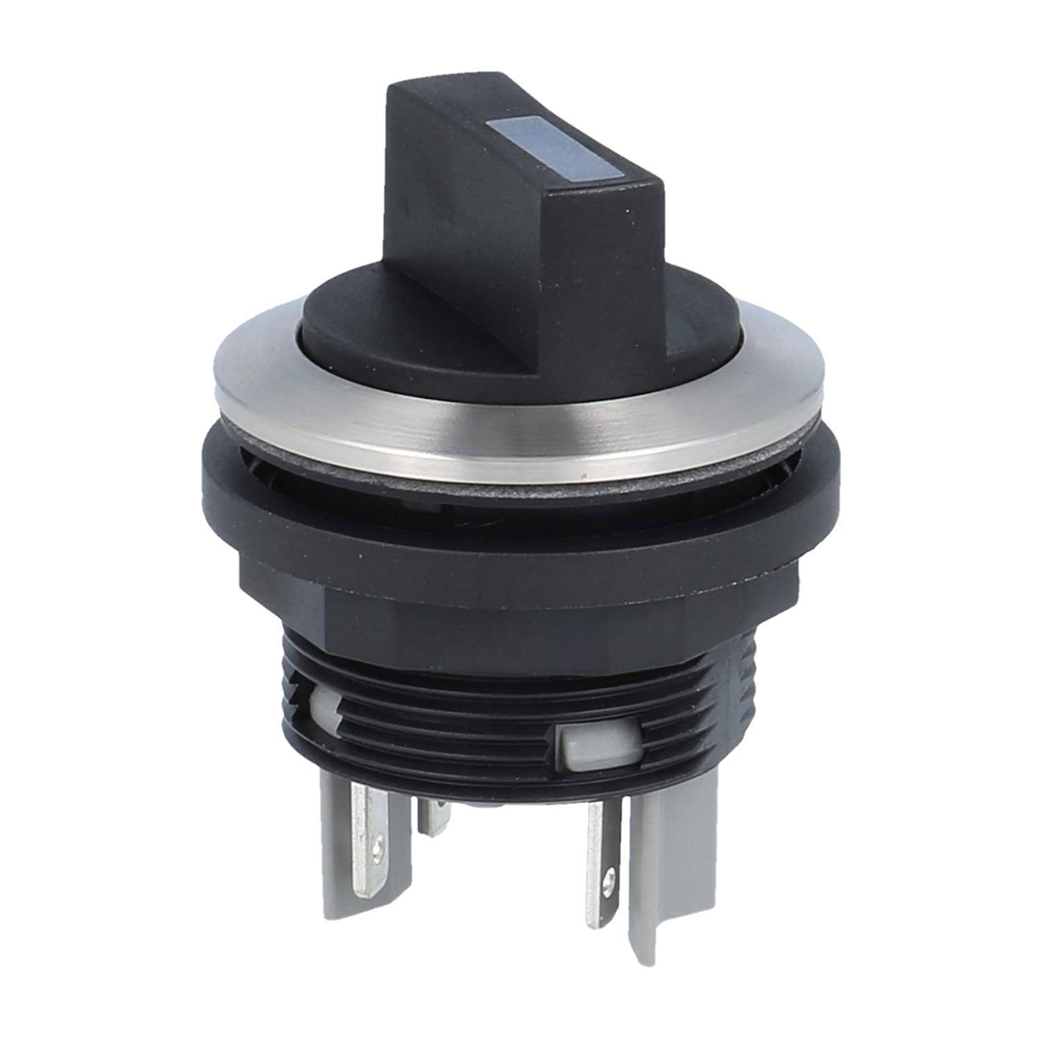 Drehschalter, schwarz und silber, mit drei Anschlussbolzen für elektrische Verbindung.