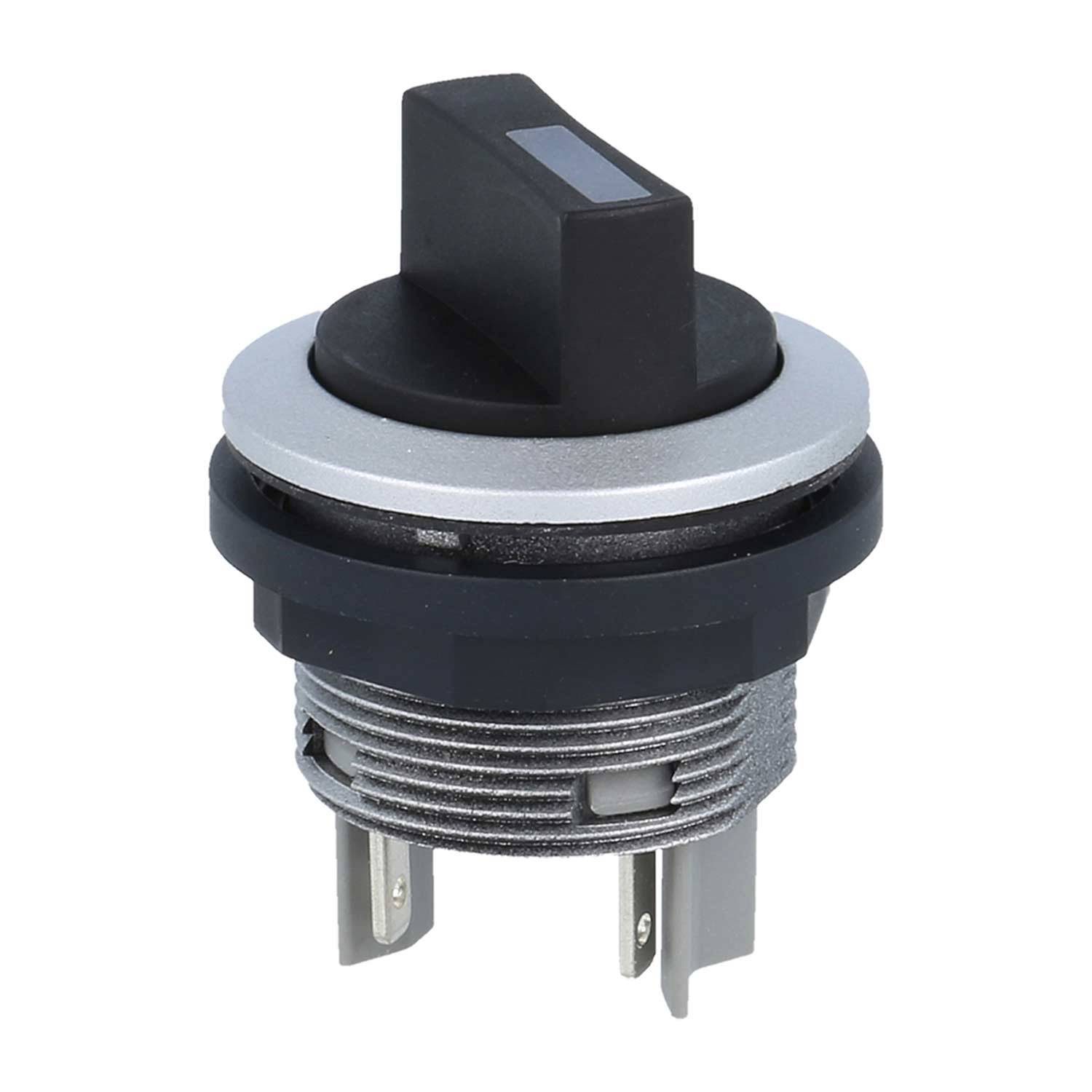 Nahaufnahme eines schwarzen Drehschalters mit einer silbernen kreisförmigen Basis und zwei Metallanschlüssen am unteren Ende, konzipiert für elektronische Geräte.