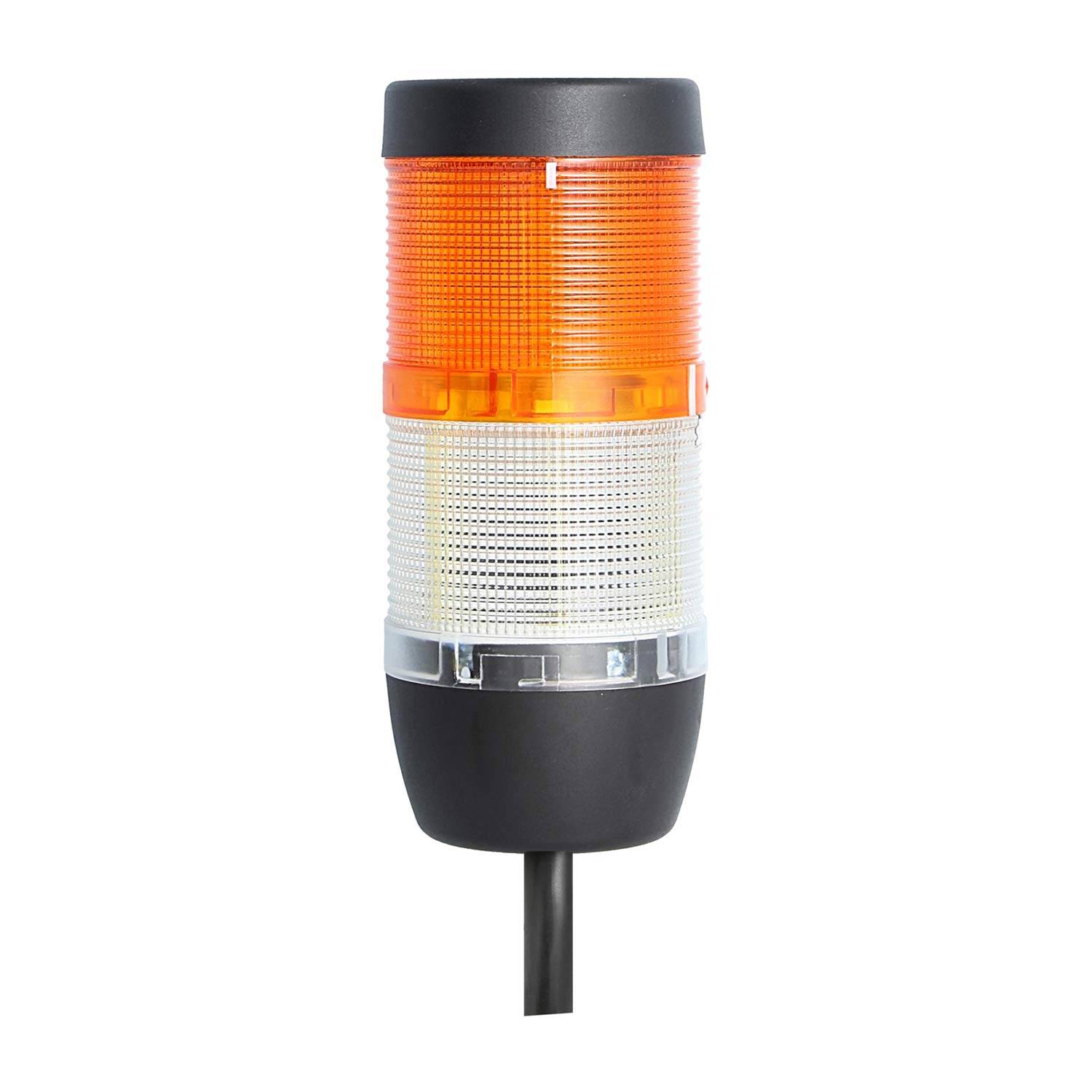 Eine orange und weiße industrielle Signalturmleuchte mit schwarzem Sockel und Kabel.