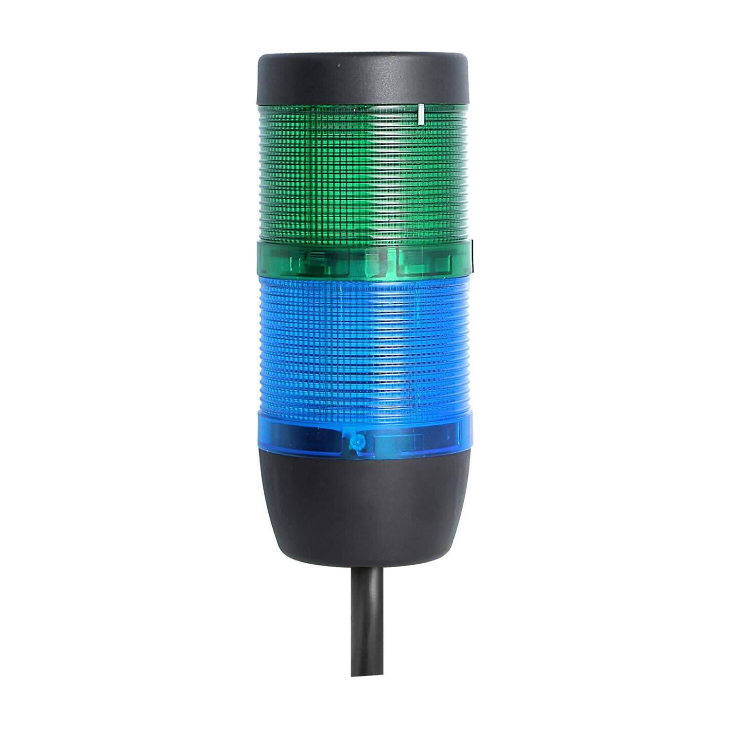 Ein grün-blauer Signalturm mit Lichtanzeige, der verschiedene Betriebszustände signalisiert und auf einer schwarzen Basis montiert ist, mit einem nach unten führenden Kabel.