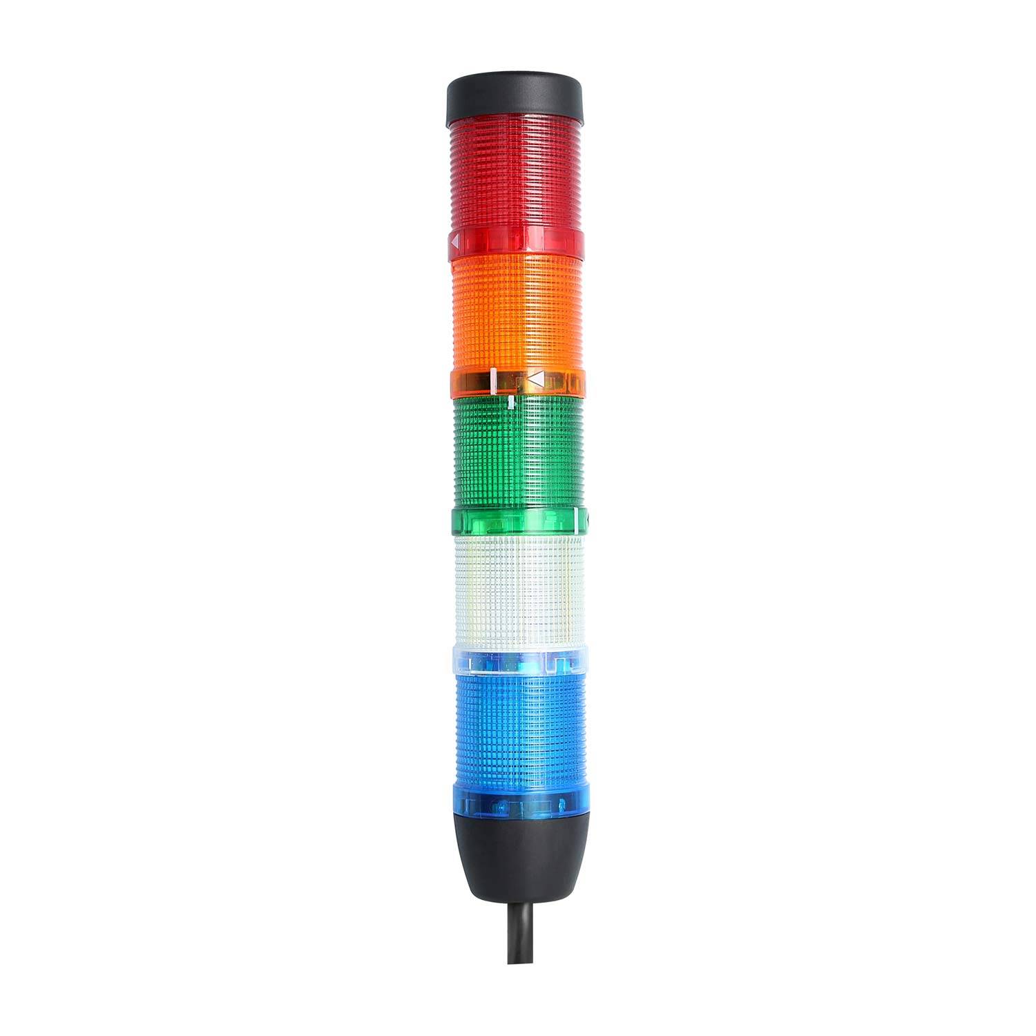 Ein Signalturm mit roten, orangen, grünen, klaren und blauen Leuchten, der zur Signalisierung des Maschinenstatus in industriellen Umgebungen verwendet wird.