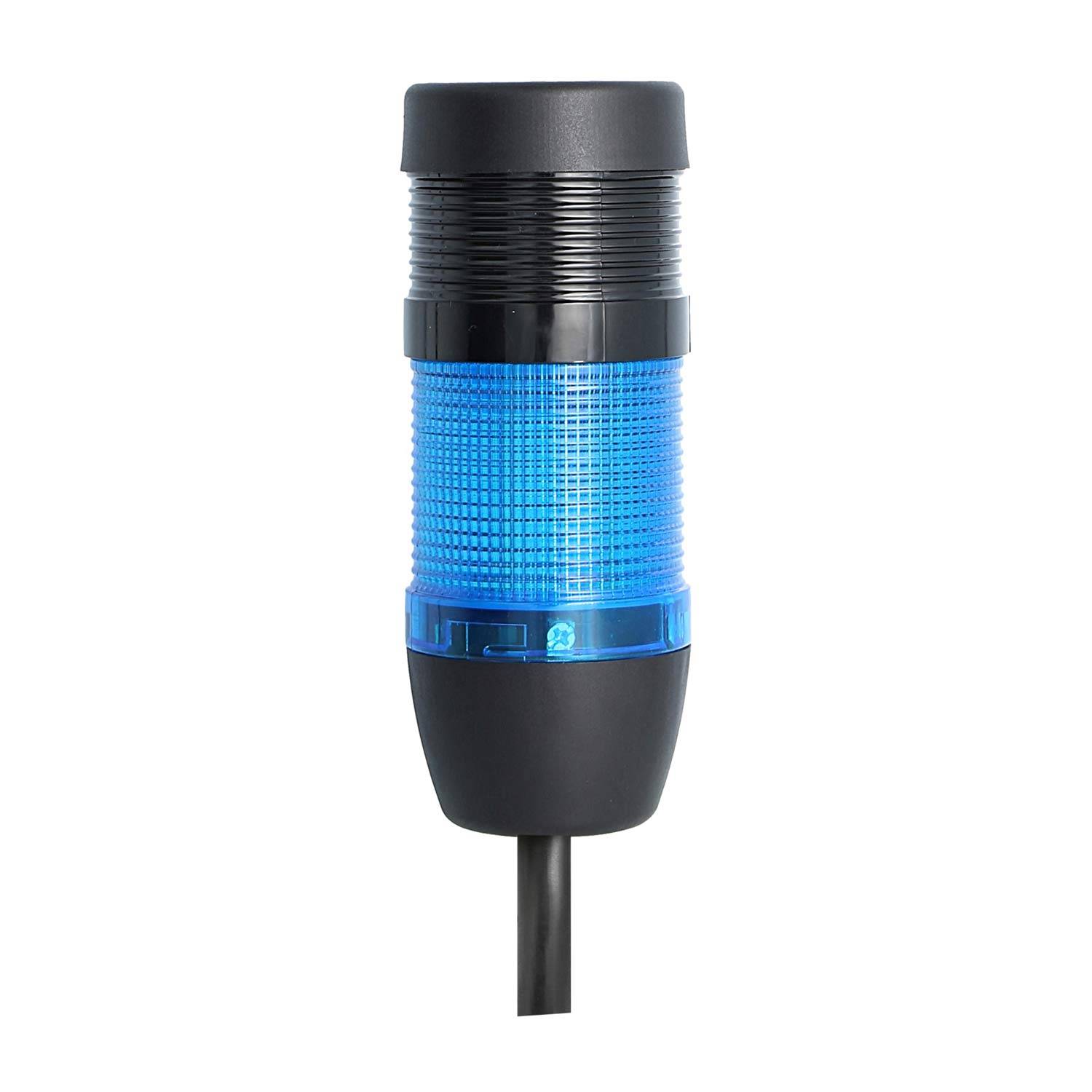 Eine zylindrische blaue LED-Anzeigelampe mit schwarzem Sockel und schwarzer Oberseite, die an einem Kabel montiert ist.