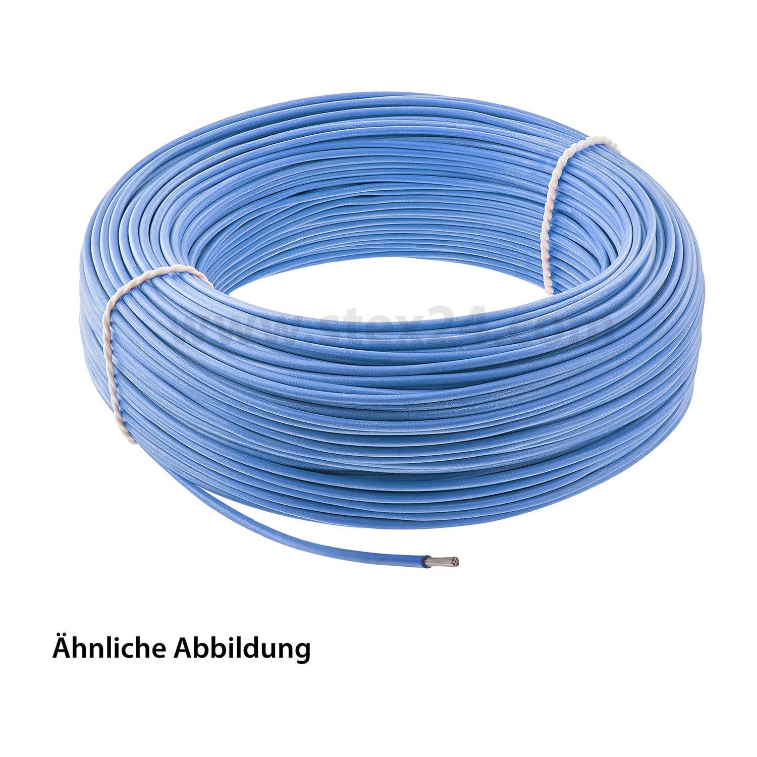 Eine Spule mit blauem Kabel, mit Schnur gebunden, mit der Beschriftung 