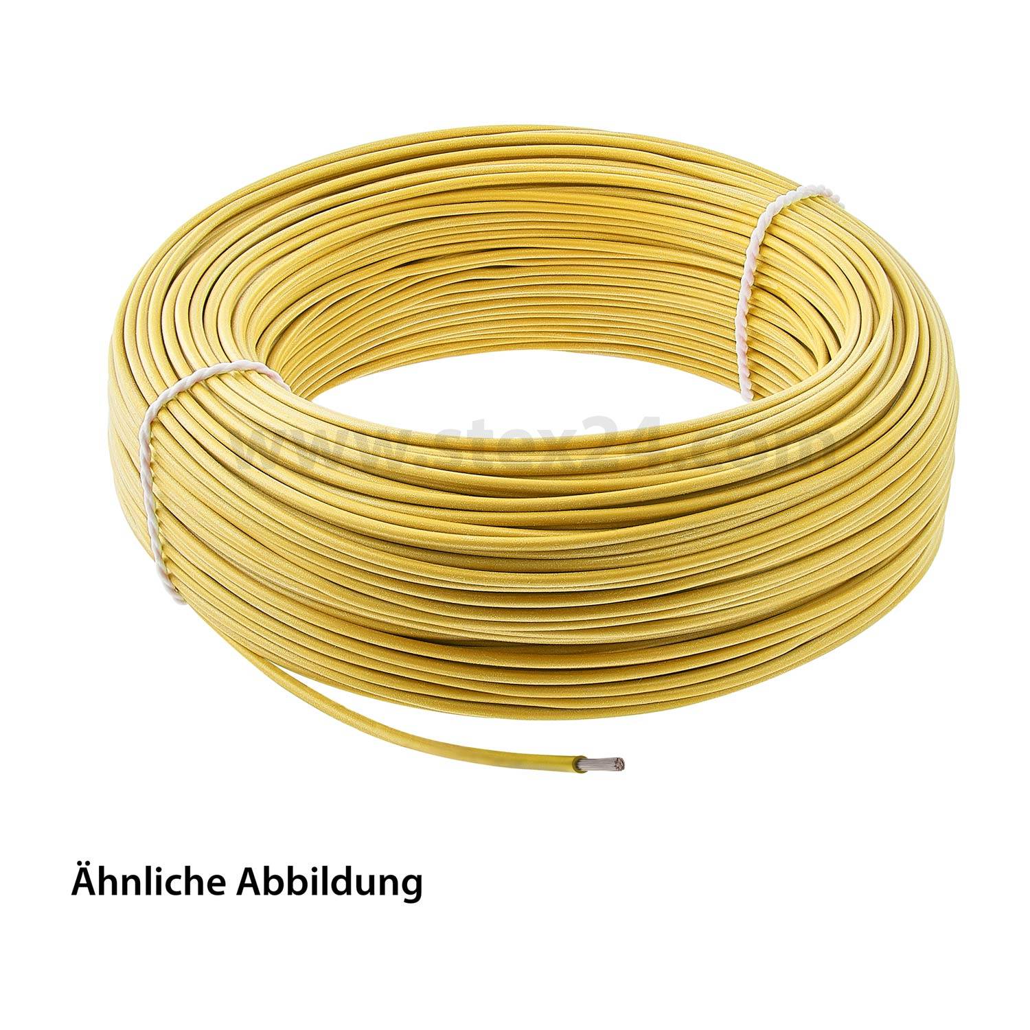 Eine große Spule mit gelber elektrischer Kabel und einem weißen Bindeband, mit der Beschriftung 