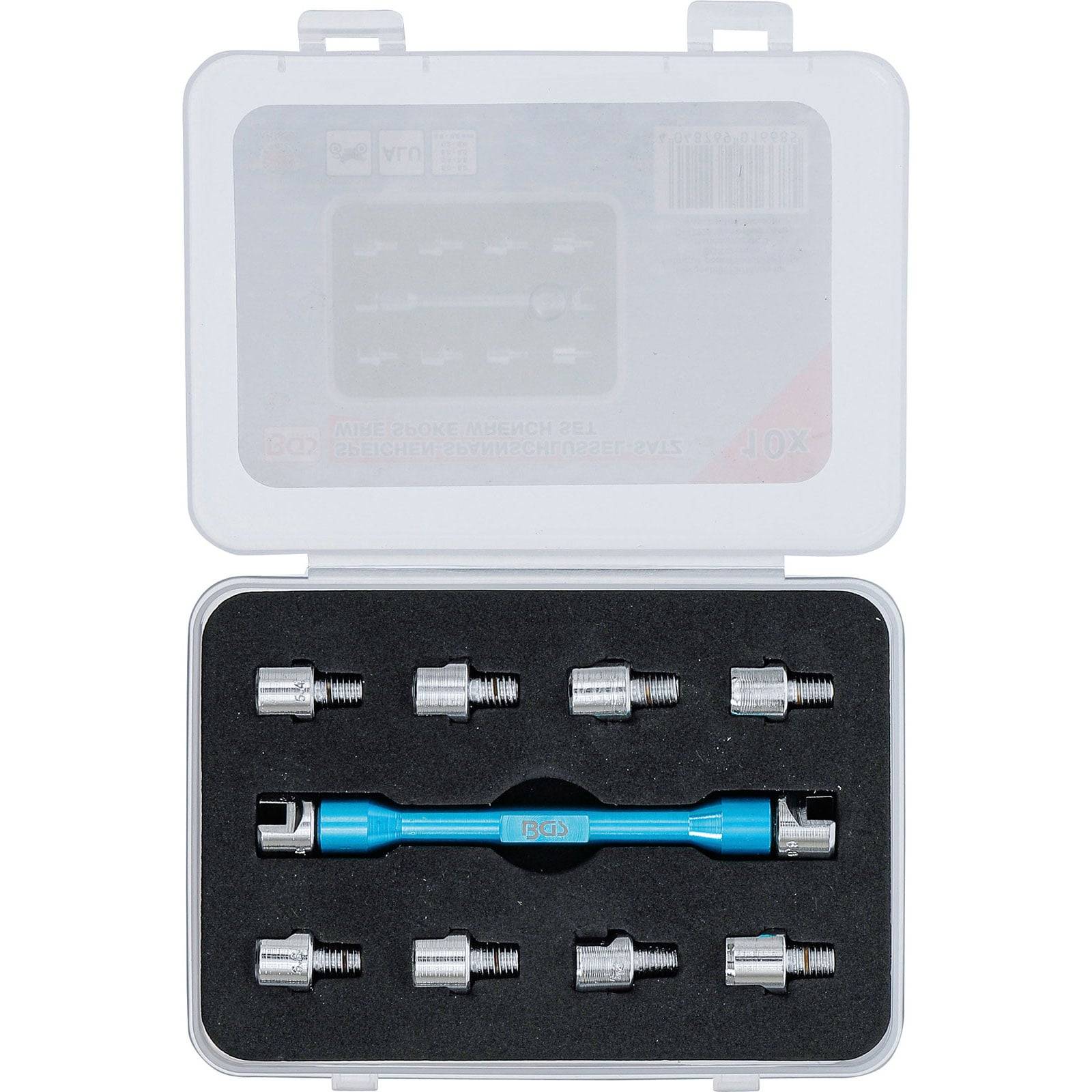 Ein Werkzeugset in einem Plastikkoffer mit einem blauen Multifunktionsschraubendreher und acht ordentlich angeordneten auswechselbaren Bits.