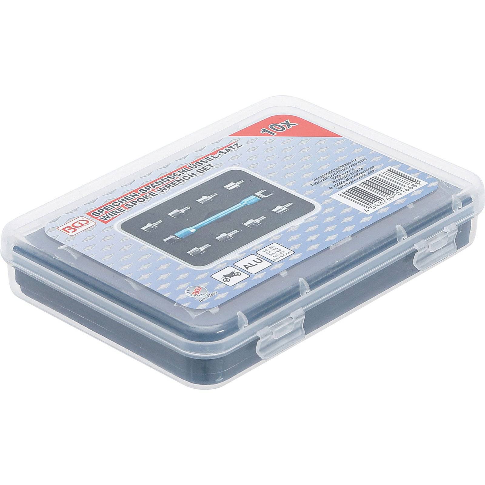 Eine Plastikbox, die zehn Fräser enthält, mit einem roten und blauen Etikett auf dem Deckel, das '10X' und Markeninformationen anzeigt.