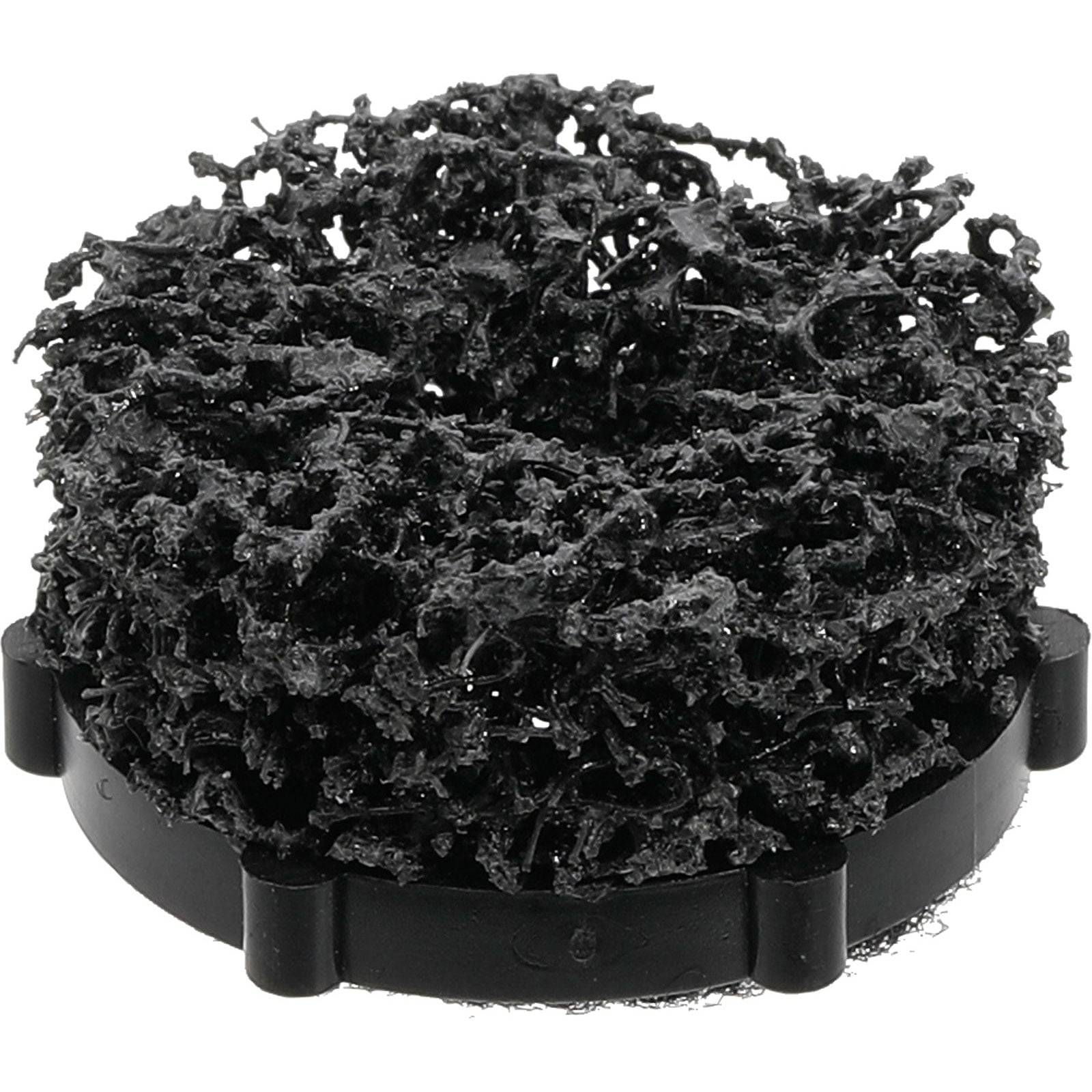 Ein zylindrischer schwarzer Schwamm mit poröser Textur, der als Filter in Aquarien verwendet wird, sitzt auf einer kleinen schwarzen Kunststoffbasis.