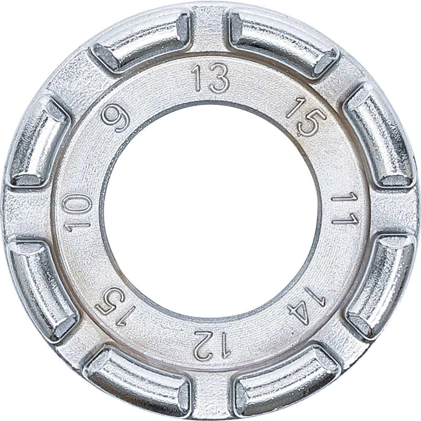 Ein kreisförmiges Metallzählwerkzeug mit Zahlen von 1 bis 15, die gleichmäßig am Rand verteilt sind und Rillen zum Drehen jeder Zahl aufweisen.