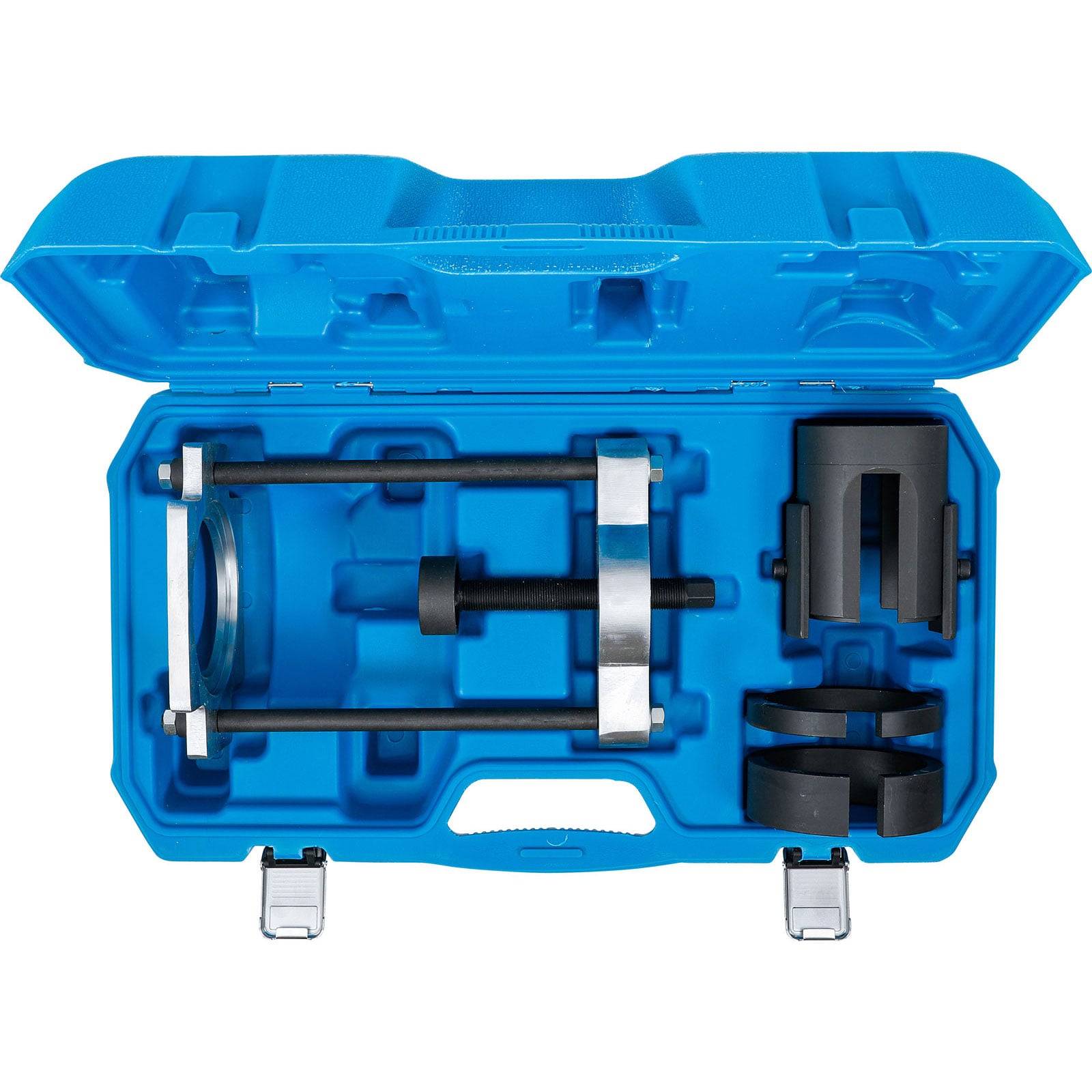 Eine blaue Plastikbox, die einen Satz aus Metall- und Kunststoff-Automotive-Werkzeugen enthält, darunter Klemmen und Ringe, die in einer Schaumstoffeinlage organisiert sind.
