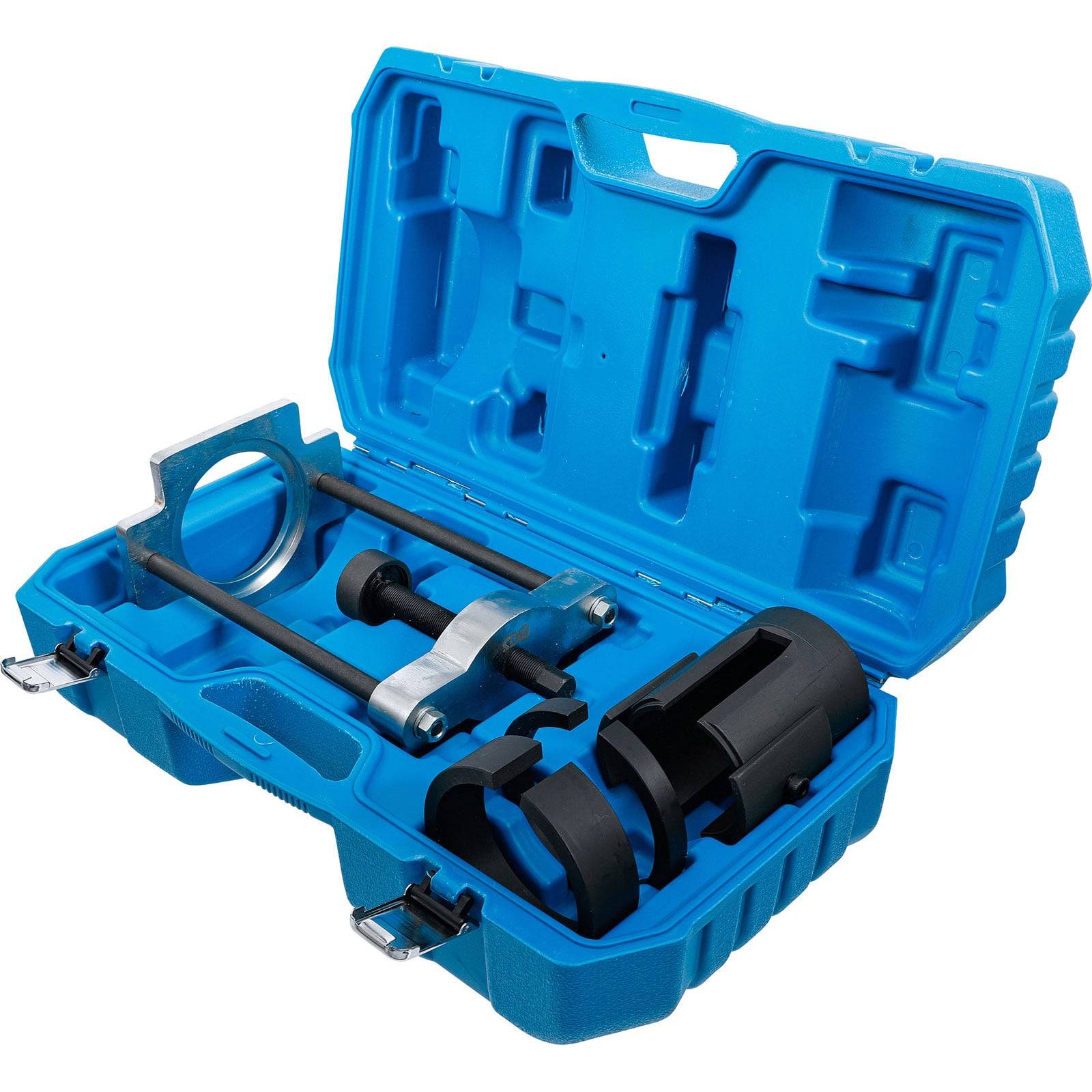 Eine blaue Kunststoff-Transportbox mit verschiedenen schwarzen und silbernen Automotive-Werkzeugen, die sicher im Inneren platziert sind.