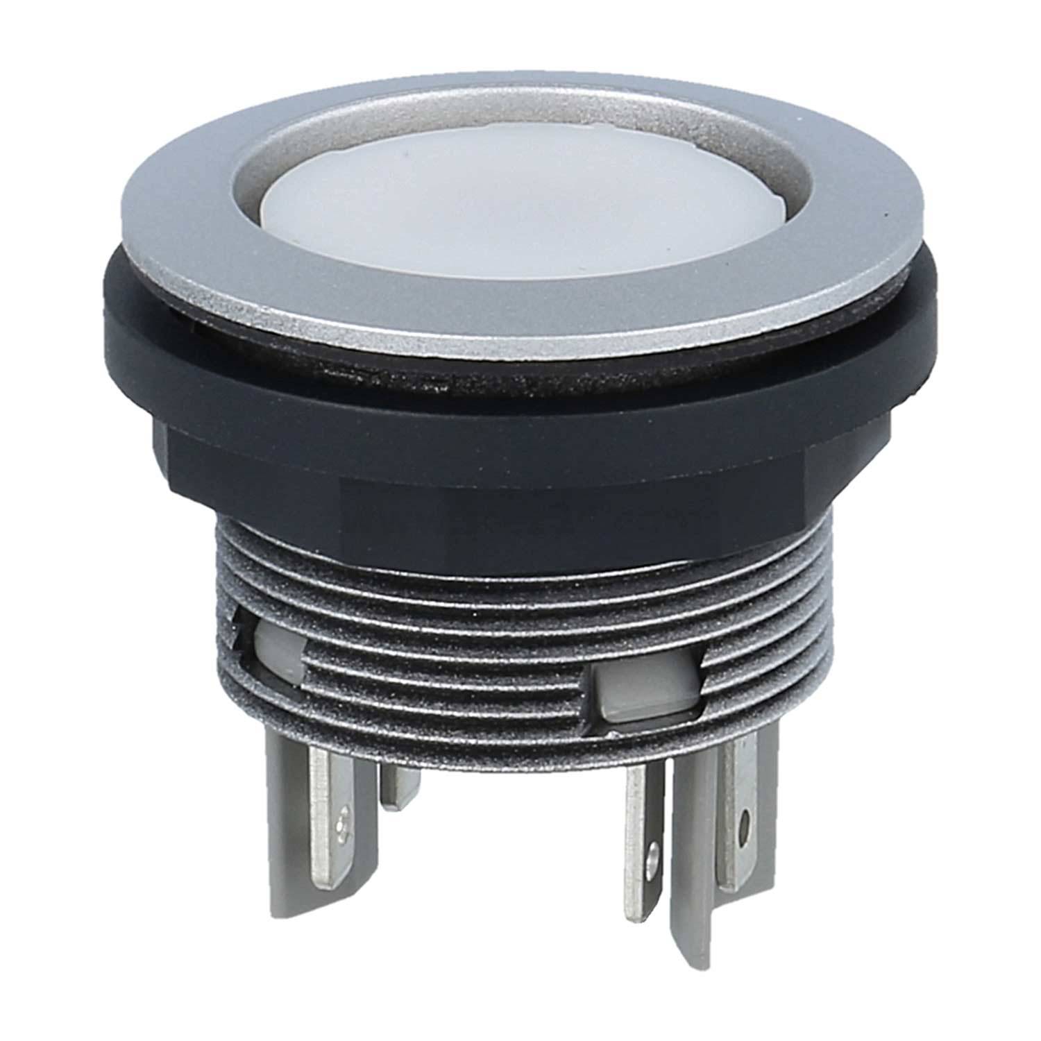 „Ein runder, metallischer Drucktaster mit silbernem Rand und schwarzem Gehäuse, der drei Metallstifte für elektrische Verbindungen aufweist.