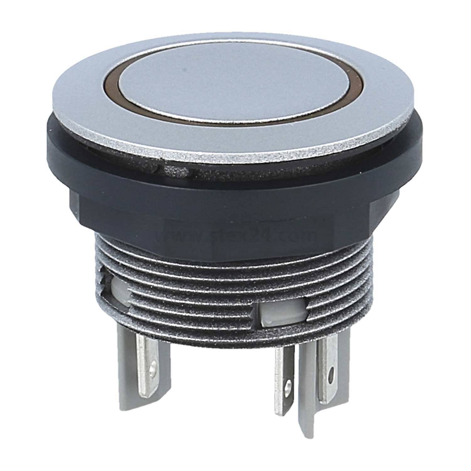 Ein runder, metallischer Druckknopf mit silbernem Zentrum und schwarzer Basis, ausgestattet mit mehreren Anschlusspins am unteren Ende für elektrische Verbindungen.
