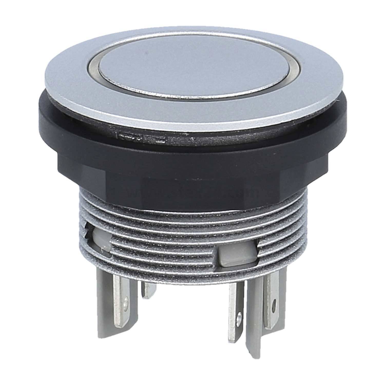 Runder metallischer Drucktaster mit Silberfinish und mehreren Anschlusskontakten, der für elektronische Anwendungen verwendet wird.