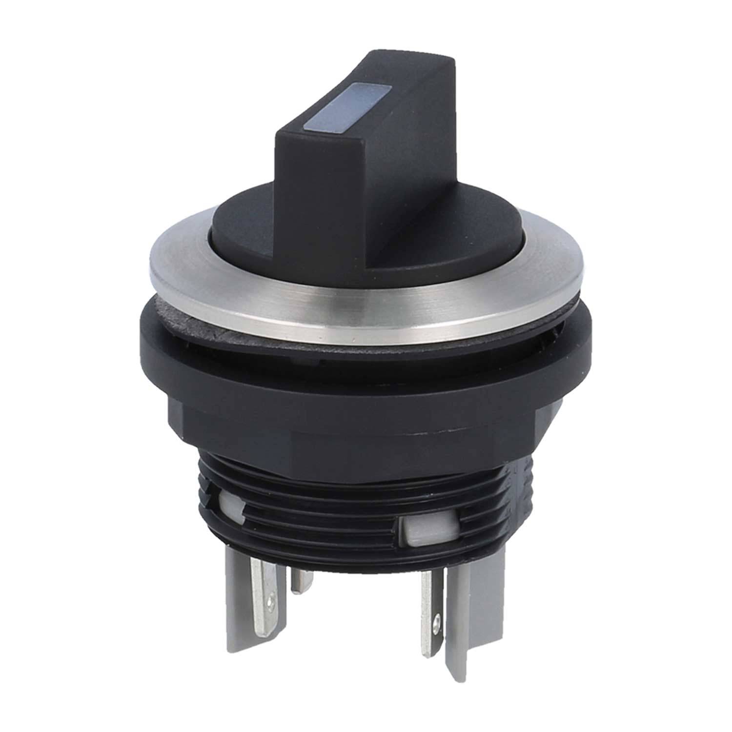 Ein schwarzer Drehschalter mit einem silbernen Metallring und drei Metallzacken am unteren Ende, der üblicherweise für elektronische Geräte oder Bedienfelder verwendet wird.