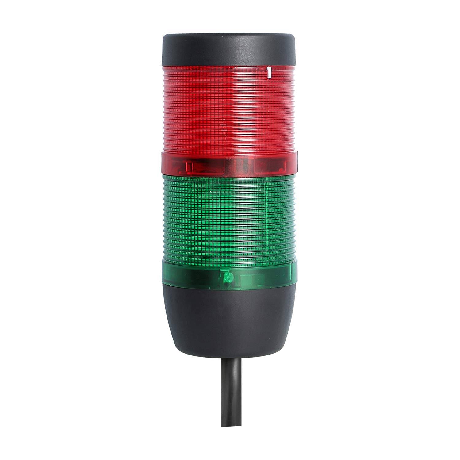Ein Signalturmlicht mit zwei übereinander angeordneten Leuchten: rot oben zur Anzeige von Stopp oder Alarm, und grün unten zur Anzeige von Fahrt oder Normalbetrieb.