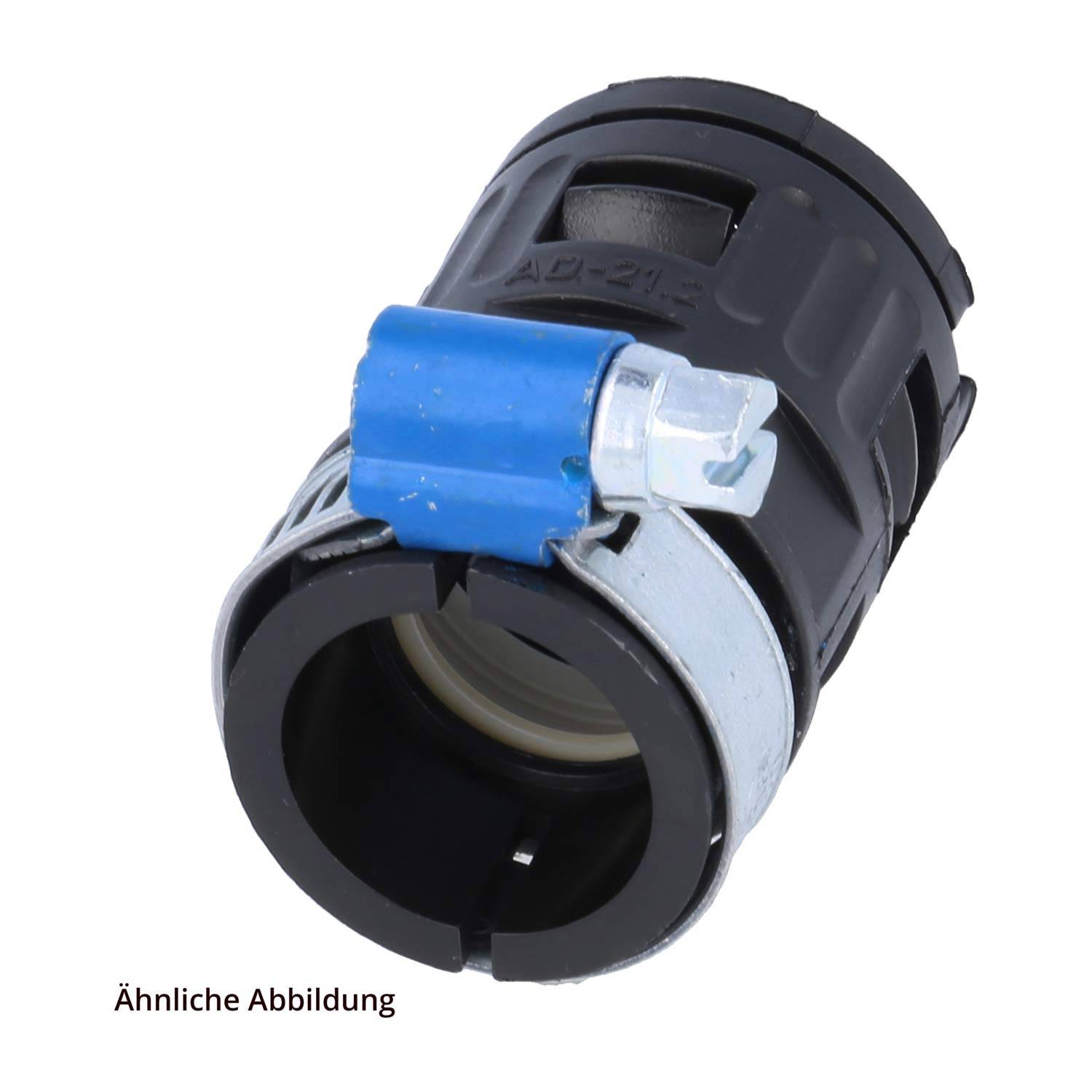 Ein schwarzer Kunststoffstecker mit zylindrischer Form und blauer Verriegelungskomponente, wahrscheinlich zum Sichern oder Verbinden von Kabeln verwendet. Text: 'Ähnliche Abbildung.