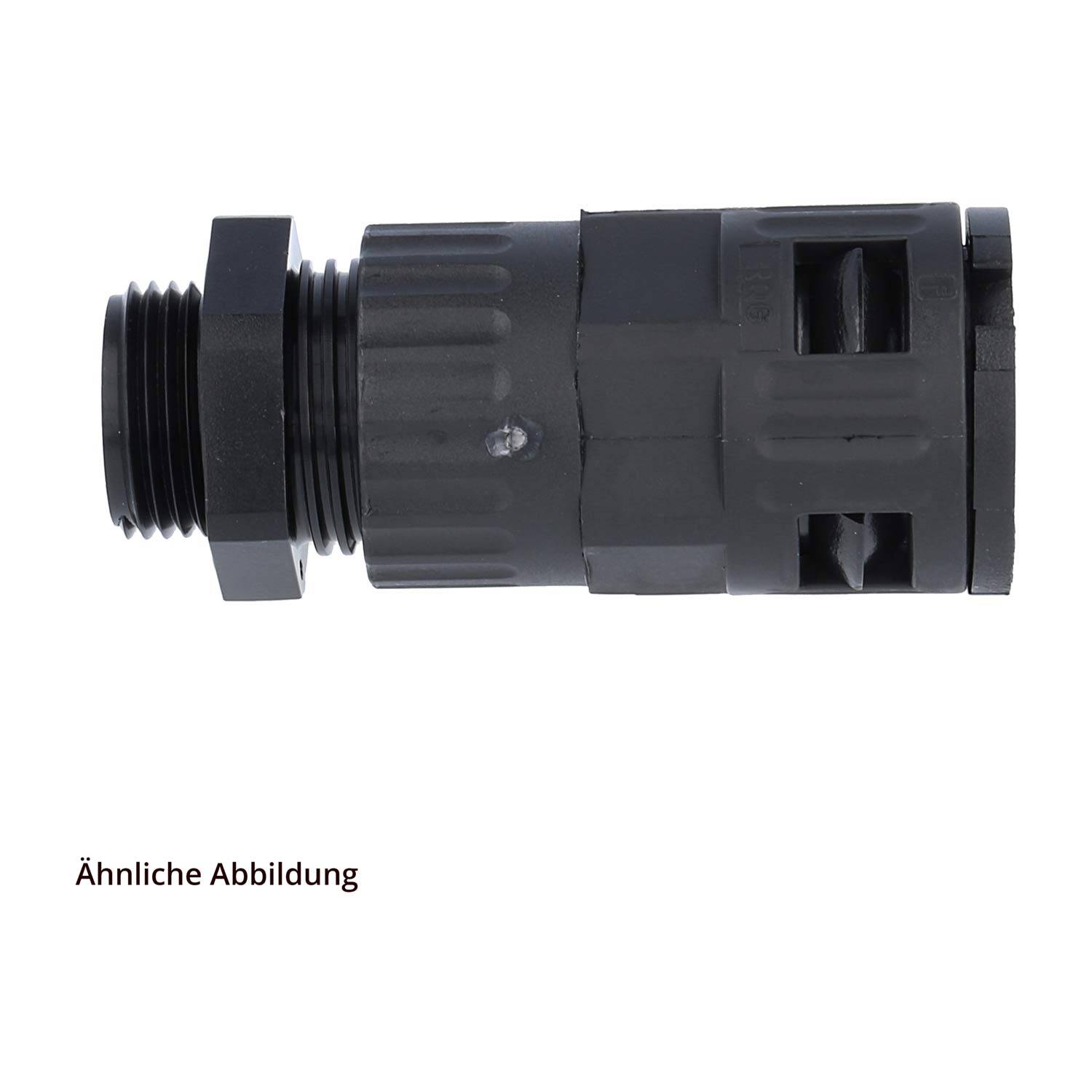 Ein schwarzer zylindrischer Stecker mit Metallgewinde an einem Ende, mit der Bezeichnung „M20