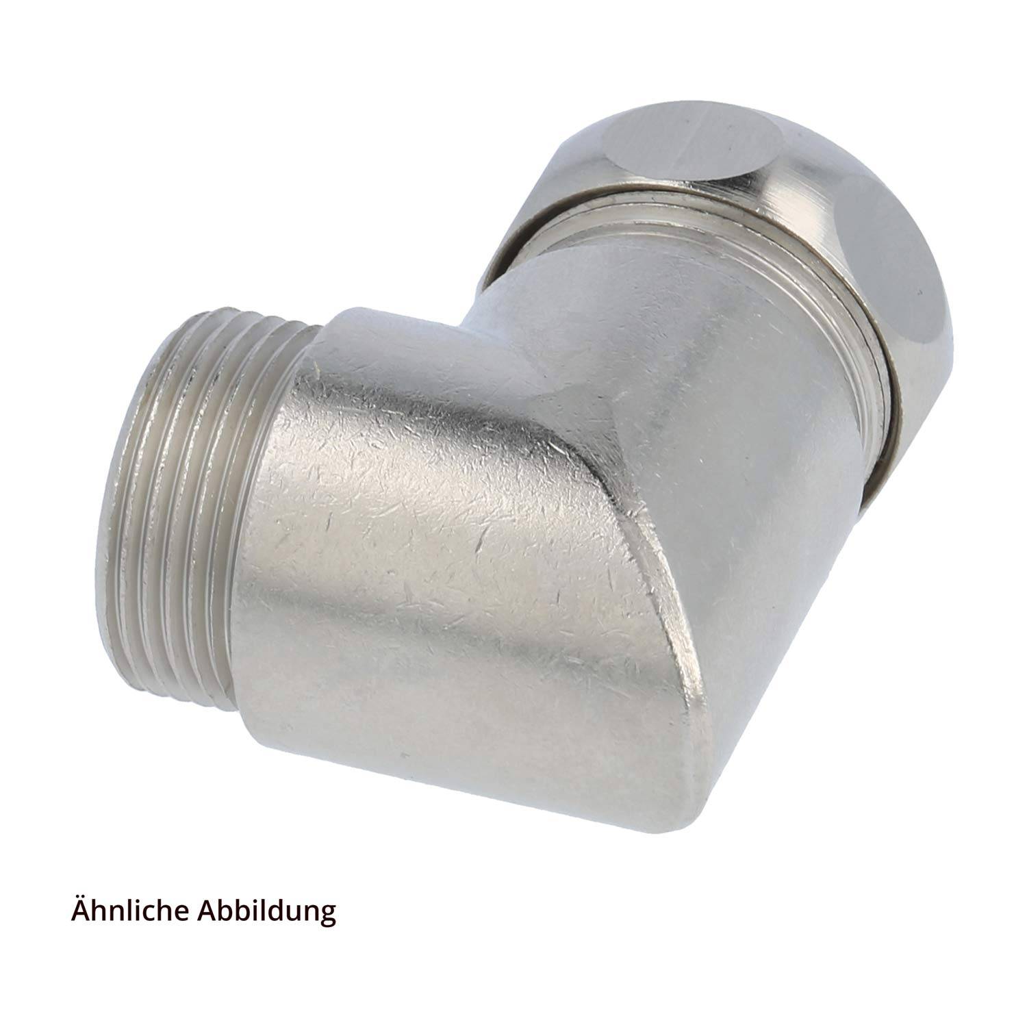Rohrverschraubung im rechten Winkel aus metallem Material mit Gewindeanschlüssen.