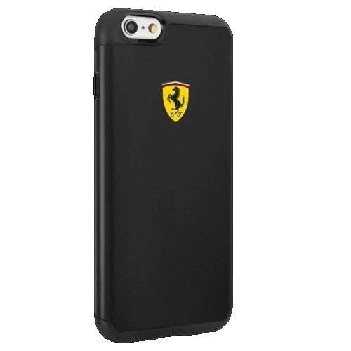 Ein schwarzes Smartphone-Case mit einem gelben Ferrari-Logo, das ein springendes Pferd zeigt, das oben mittig positioniert ist.