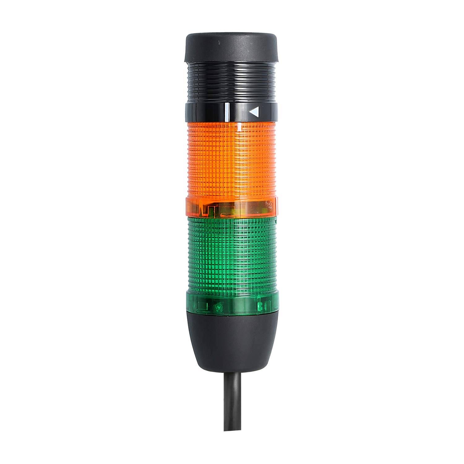 Eine vertikale Turmleuchte mit orange und grünen beleuchteten Abschnitten, die zur visuellen Statusanzeige in industriellen Umgebungen verwendet wird.