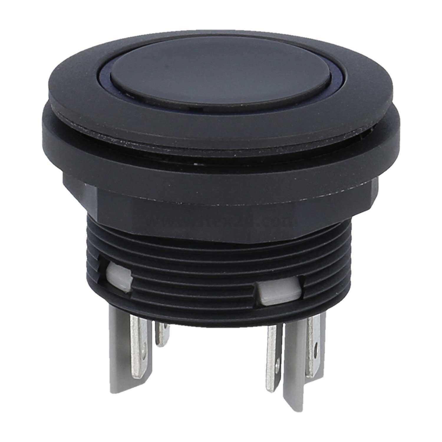 Ein schwarzer runder Drucktaster mit vier Metallstiften für elektrische Verbindungen, konzipiert für die Montage in Elektronikgeräten.