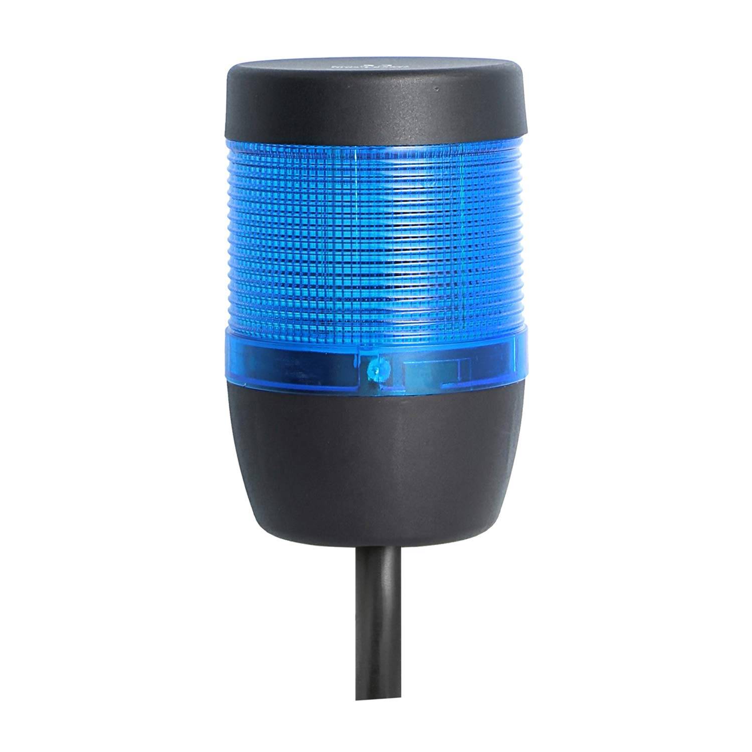 Eine blaue LED-Signalleuchte auf einem schwarzen Sockel, die typischerweise für Signalgebung oder Warnzwecke verwendet wird.