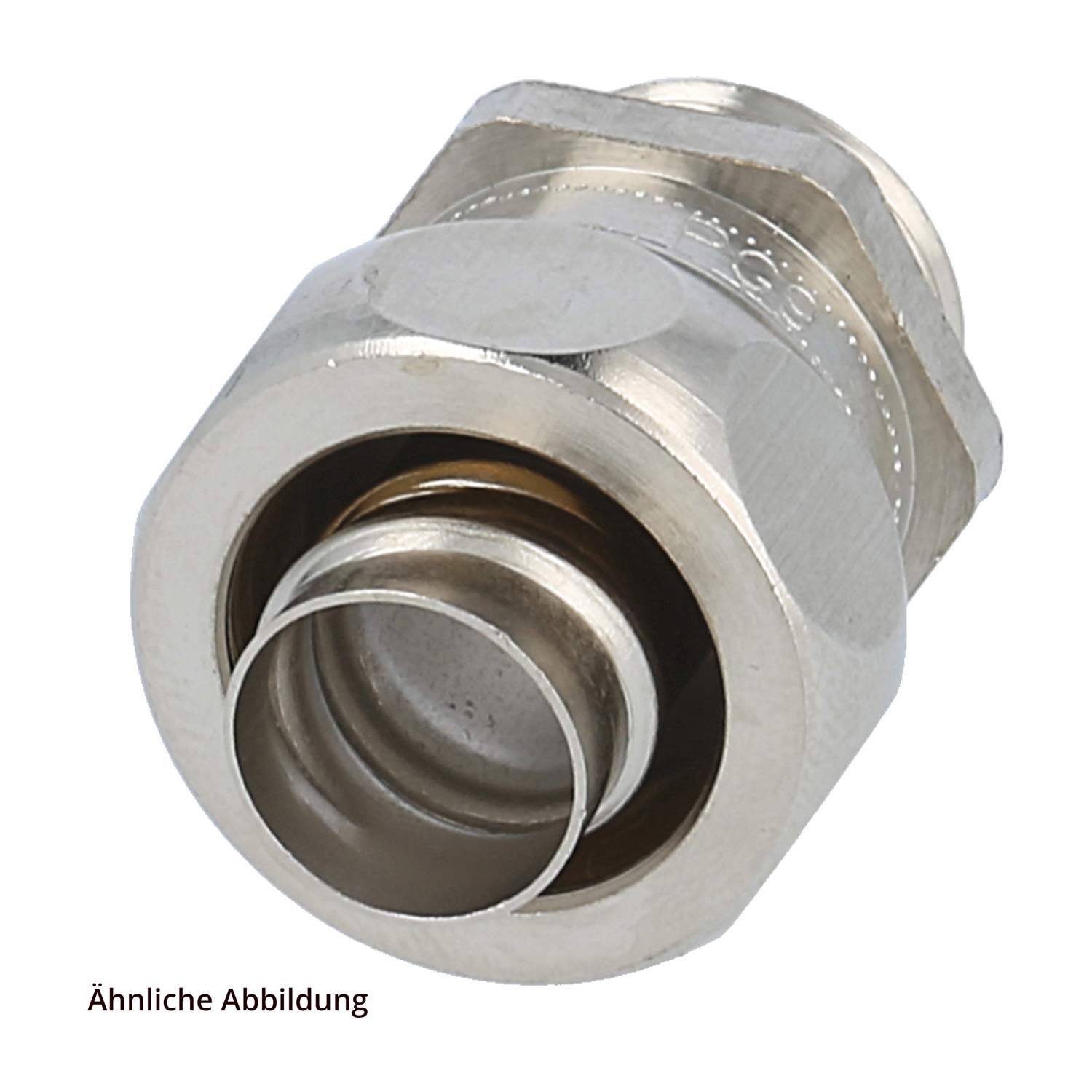 Ein Metallverbinder in Zylinderbauform mit einem gerillten Außengewinde und einem Innenring, der für sichere Befestigungen in mechanischen oder elektronischen Systemen verwendet wird.