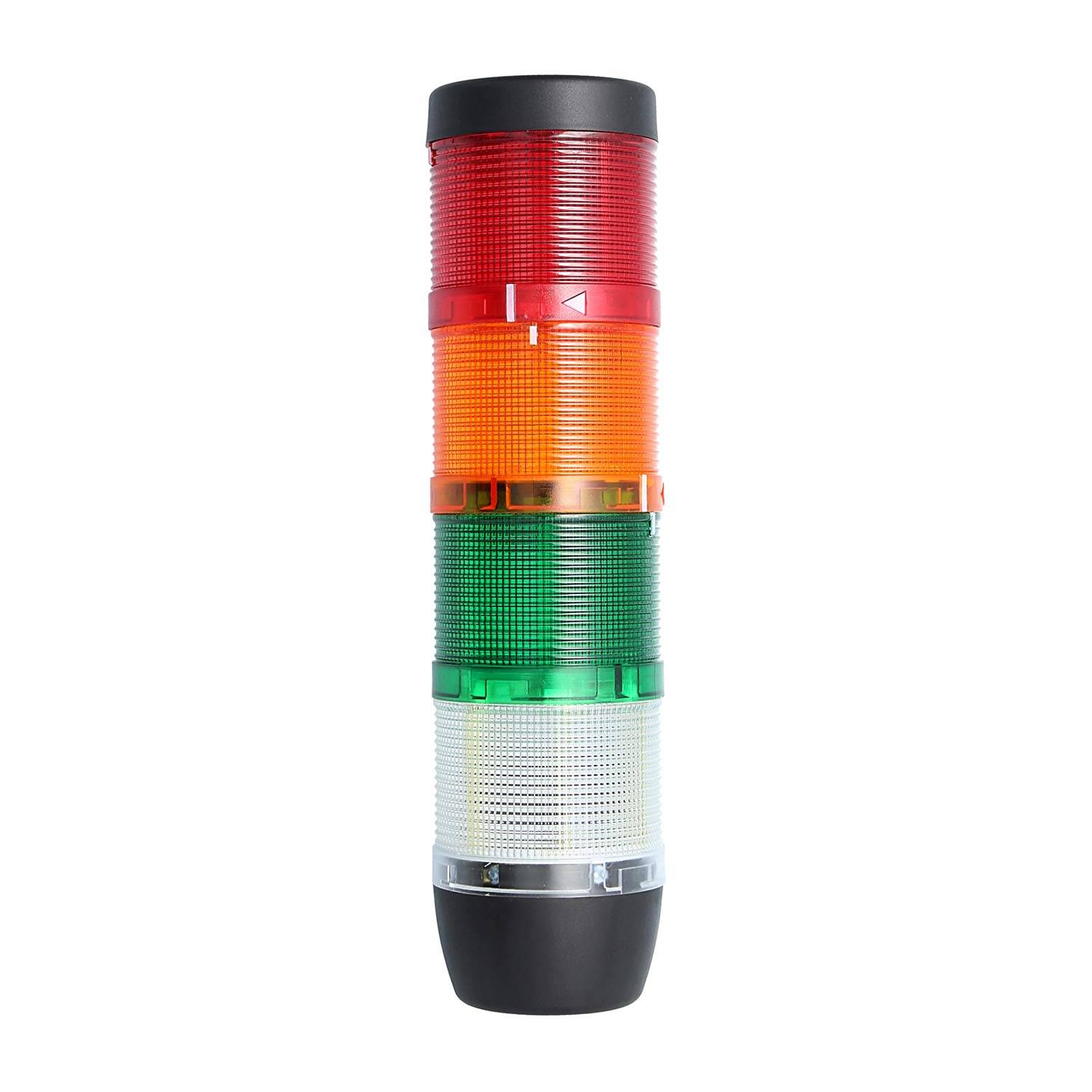 Ein Signalturm mit roten, orangefarbenen, grünen und weißen Leuchten, der zur visuellen Signalgebung in industriellen oder produzierenden Umgebungen verwendet wird.