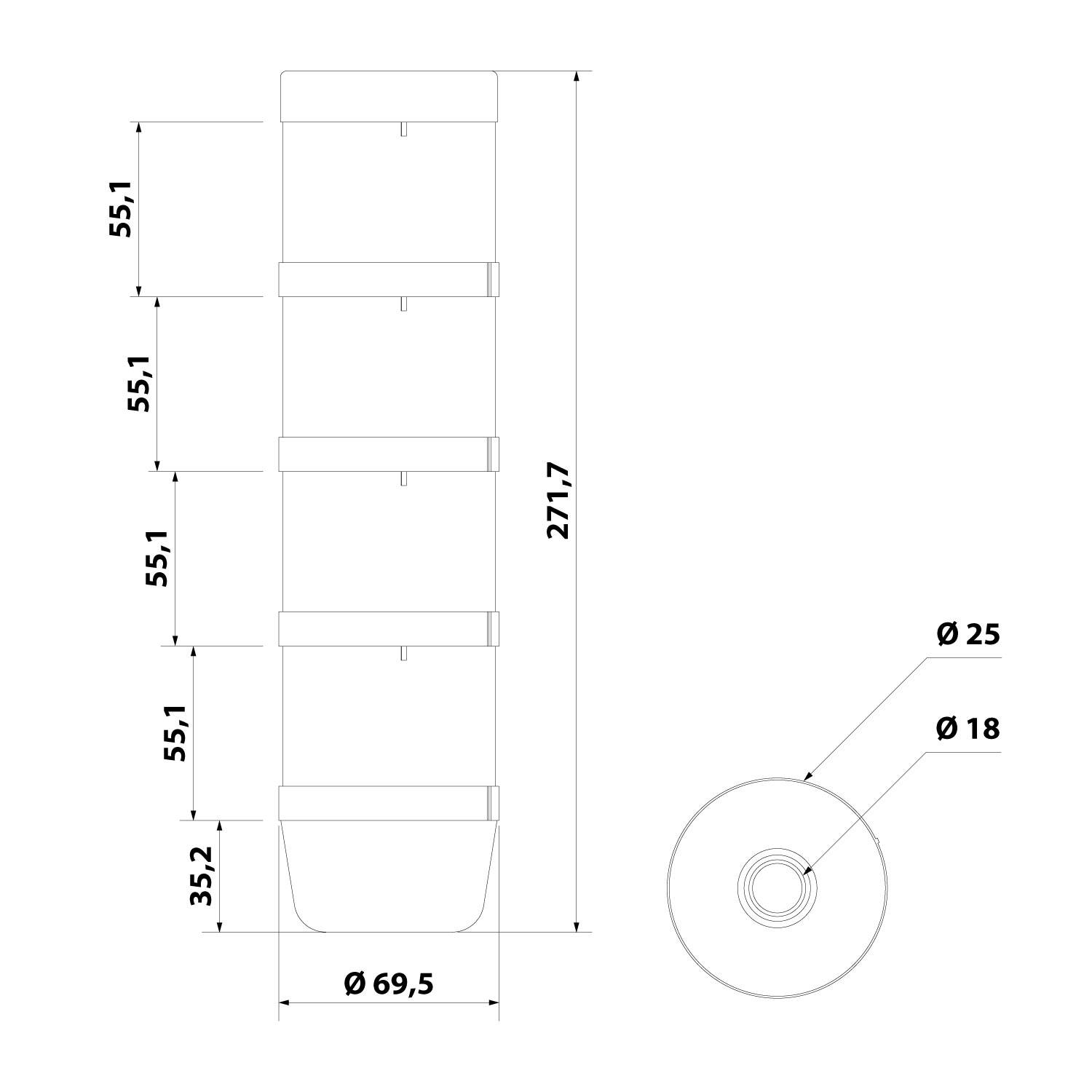 127426 STEX24 Signalsäule blau-weiß-grün-gelb, 70mm, 24V AC/DC, LED-Blinklicht SS70-OB4/24 109 MaßeLänge271,0mm,
